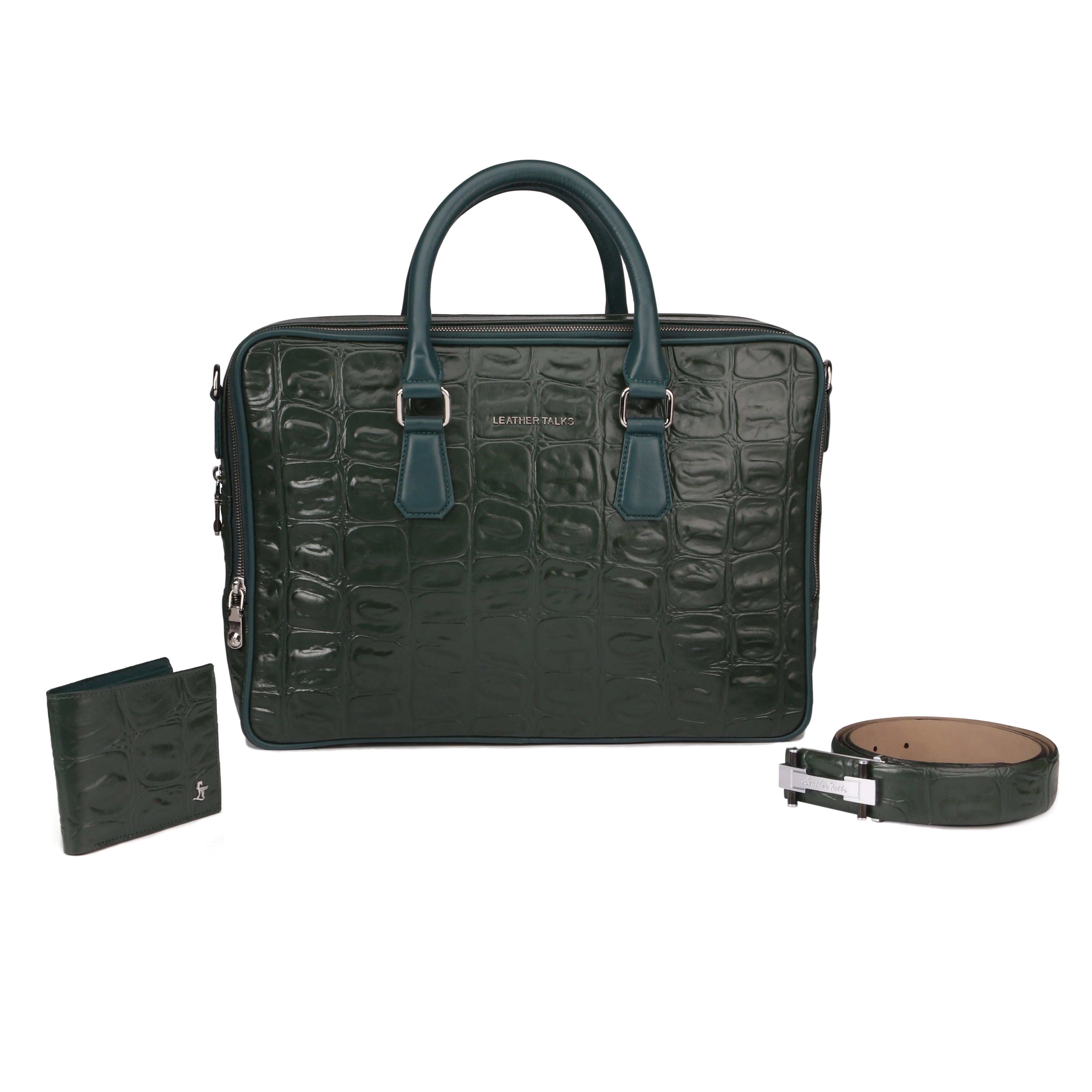 Great Dane | Pure Leather | Folio Bag, Wallet & Belt Combo Set for Men | Color : Olive Green