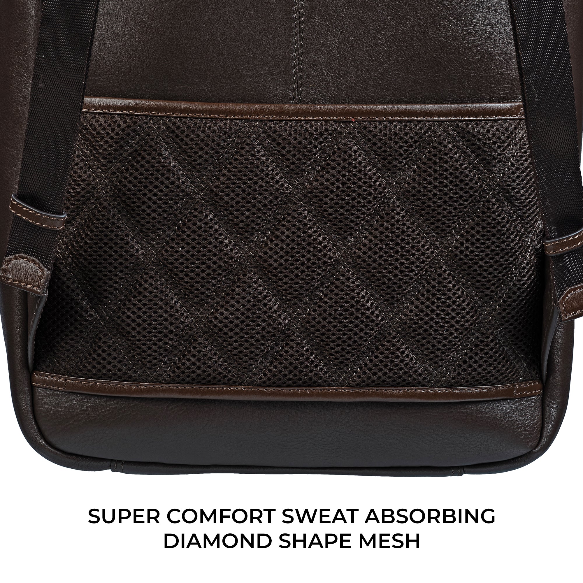 Super comfortable, sweat-absorbing diamond-shaped mesh padding on the shoulder straps of a genuine leather backpack for men, ensuring comfort and breathability during wear.