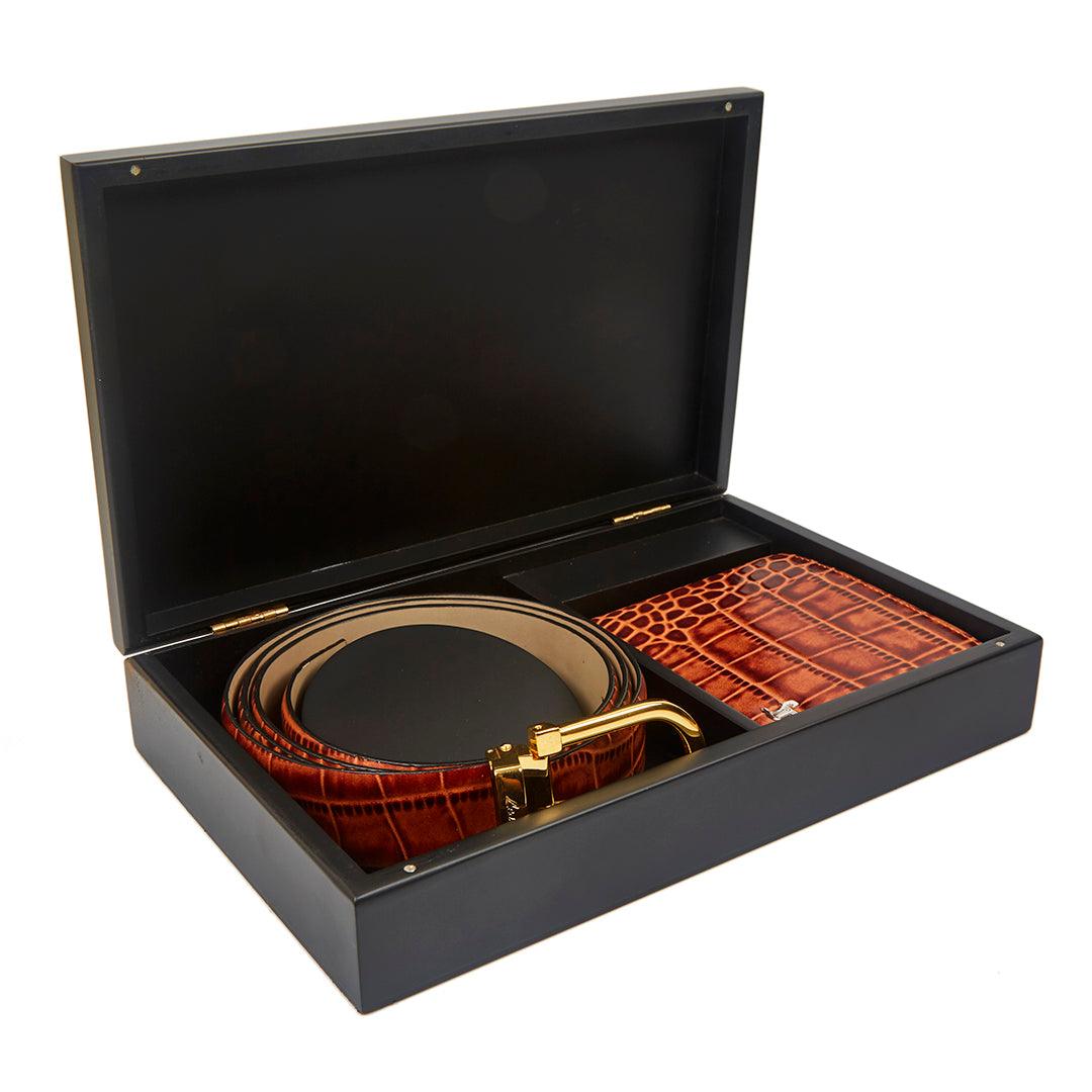 Premium Italian Croco Tan Wallet Belt Set with Wooden Gift Box - Leather Talks
