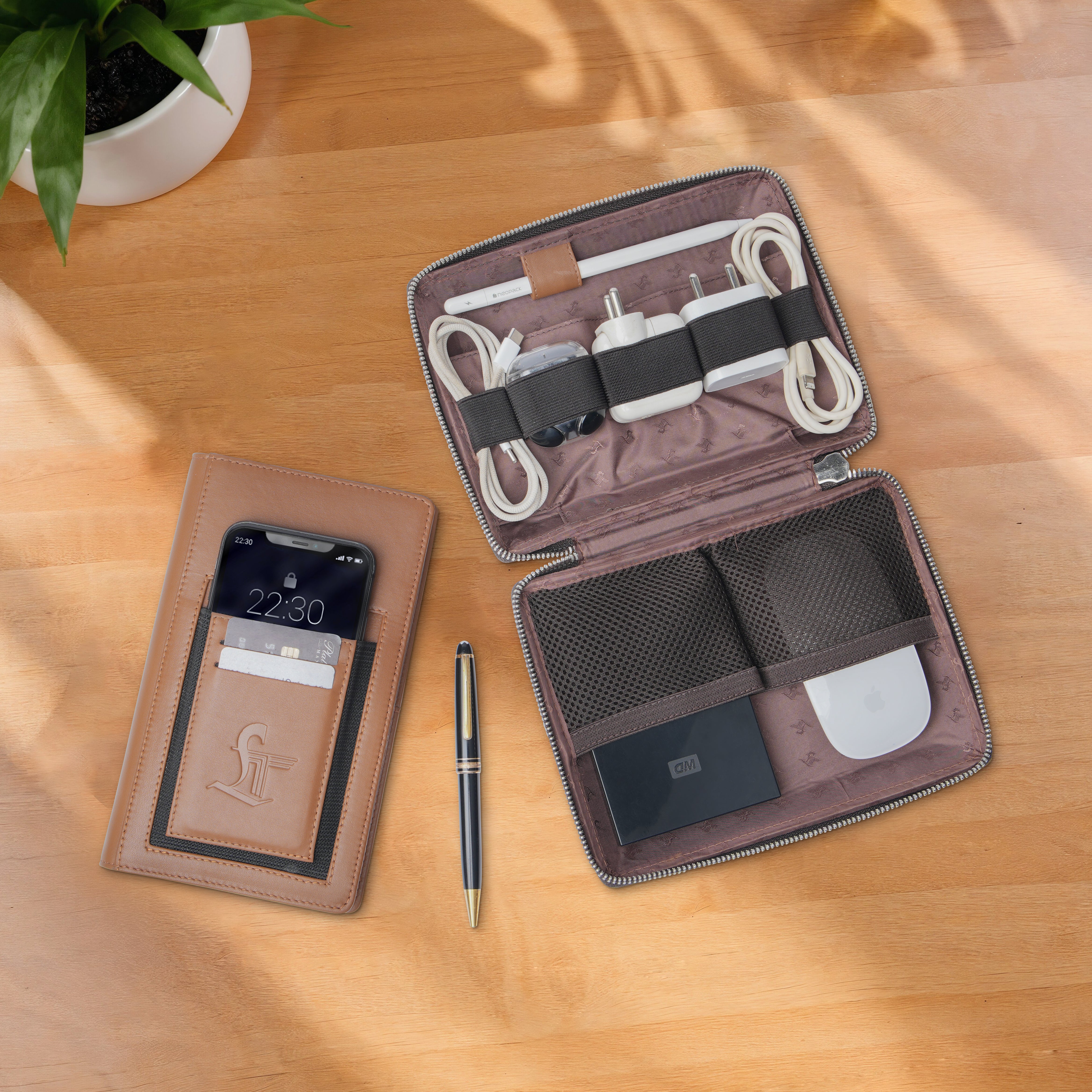 Set of II Combo Set | Harbinger Tech Kit & Mini Notebook | Genuine Leather Tech Organizer Case | Travel Cable Storage Bag | Luxury Electronic Accessories Pouch for Chargers, Wires & Gadgets | Color: Tan Leather Talks