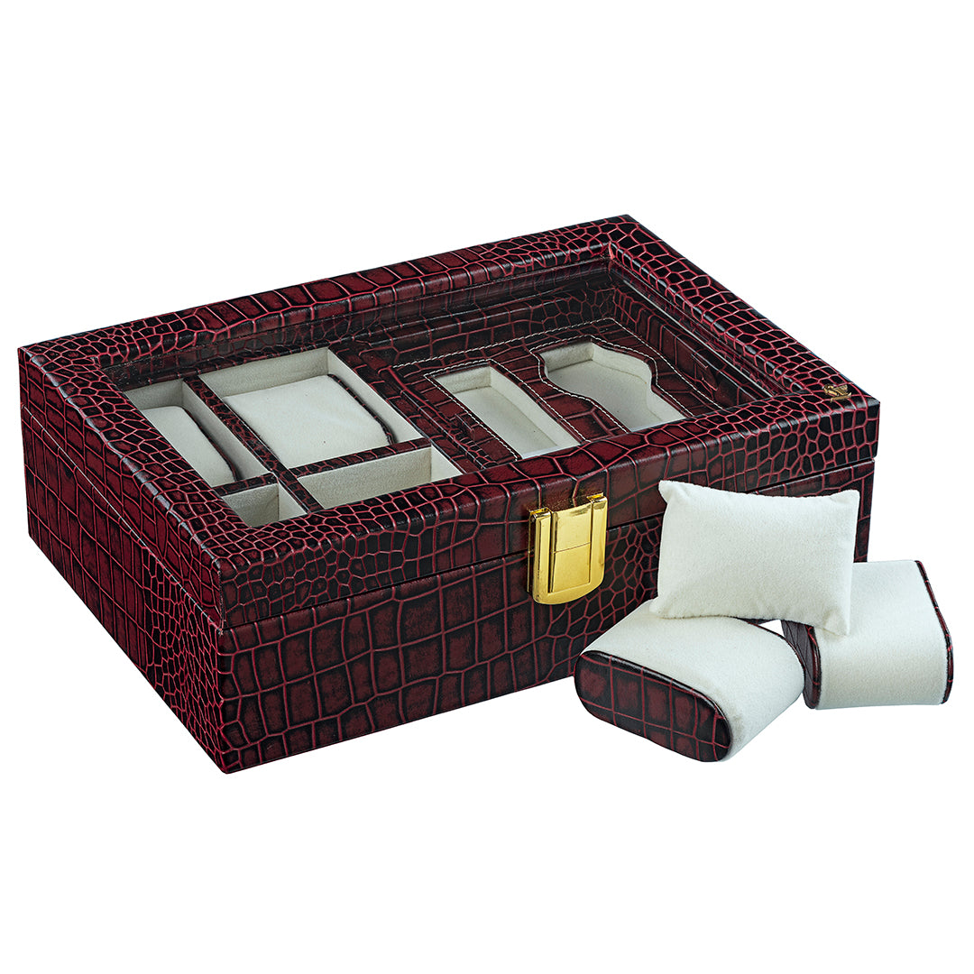 Galio Leather Watch Box For Men | 100% Genuine Leather | Can Hold 6 Watches | Acrylic Top | Color: Red