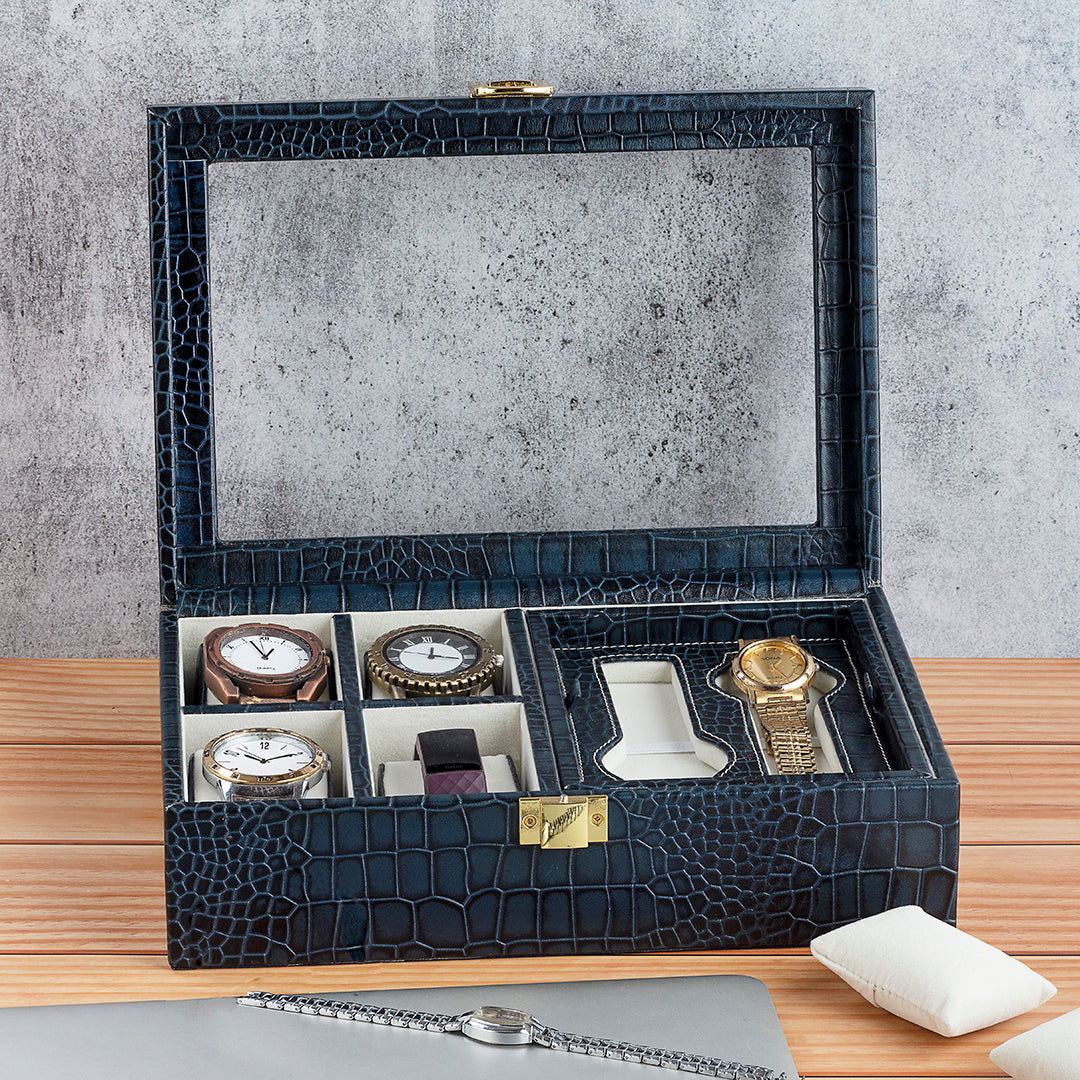 Galio Leather Watch Box For Men | 100% Genuine Leather | Can Hold 6 Watches | Acrylic Top | Color: Blue