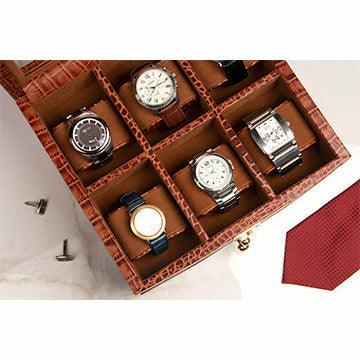 Men's genuine leather watch organizer with 3-section layout: 6-slot watch storage, pen holder, and valet tray for wallet and accessories.