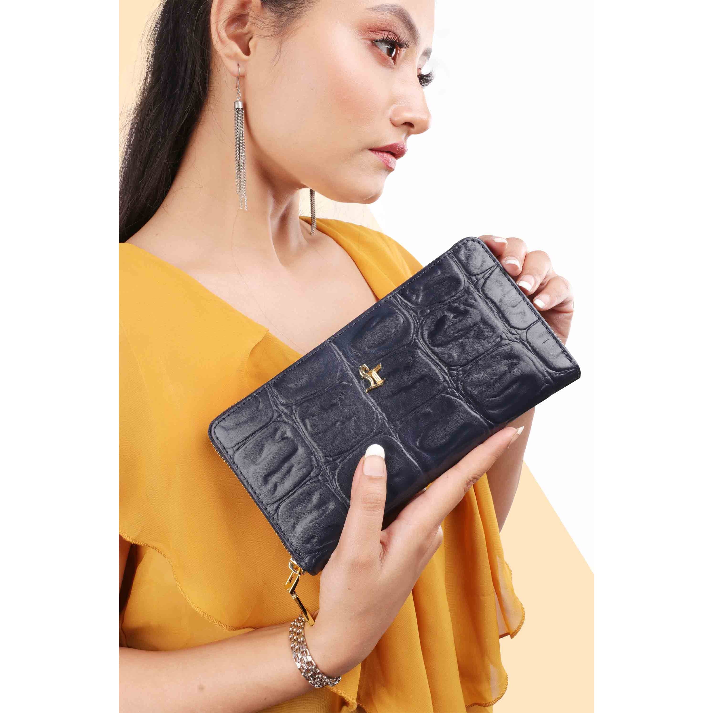 Palm II | Croco Tail Leather Wallet for Women | 100% Genuine Leather | Color: Black