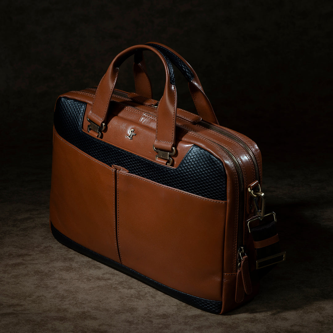 Fortune Series | Leather Portfolio Bag for Men | Double Zipper Laptop Bag | 100% Genuine Leather | Color: Tan