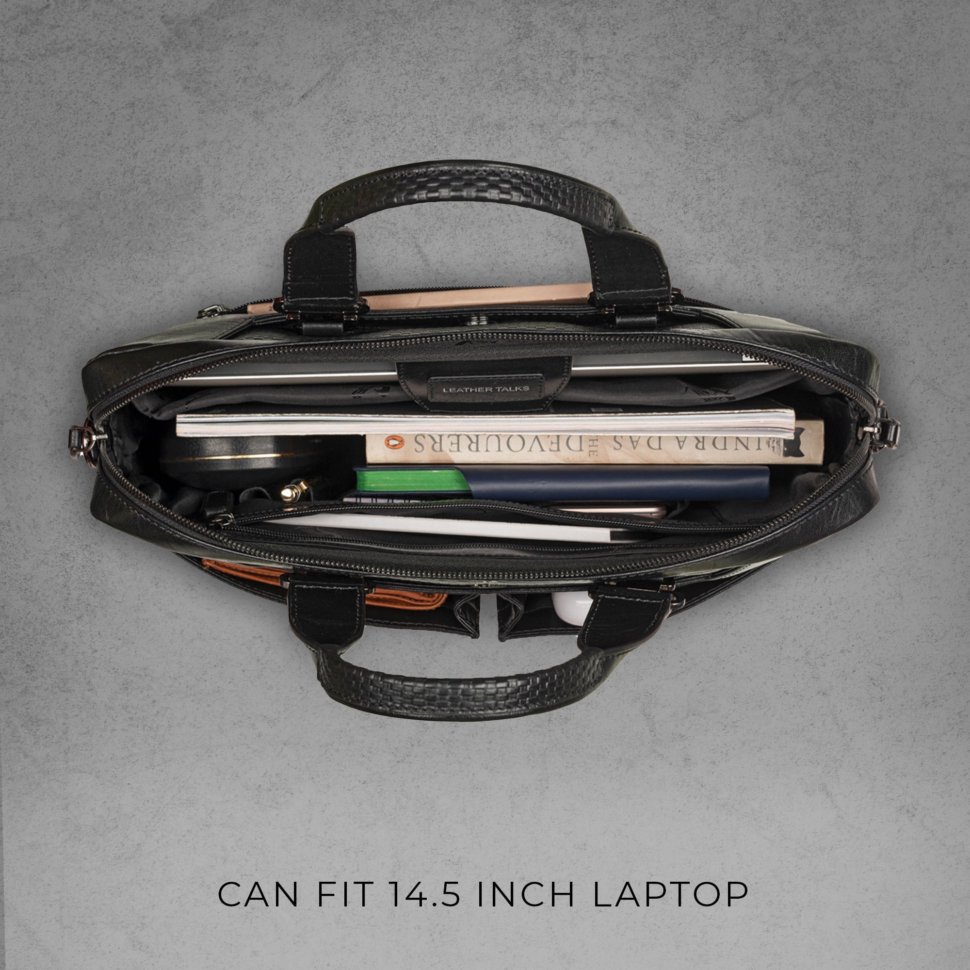 Fortune Series | Leather Portfolio Bag for Men | Single Zipper Laptop Bag | 100% Genuine Leather | Color: Black