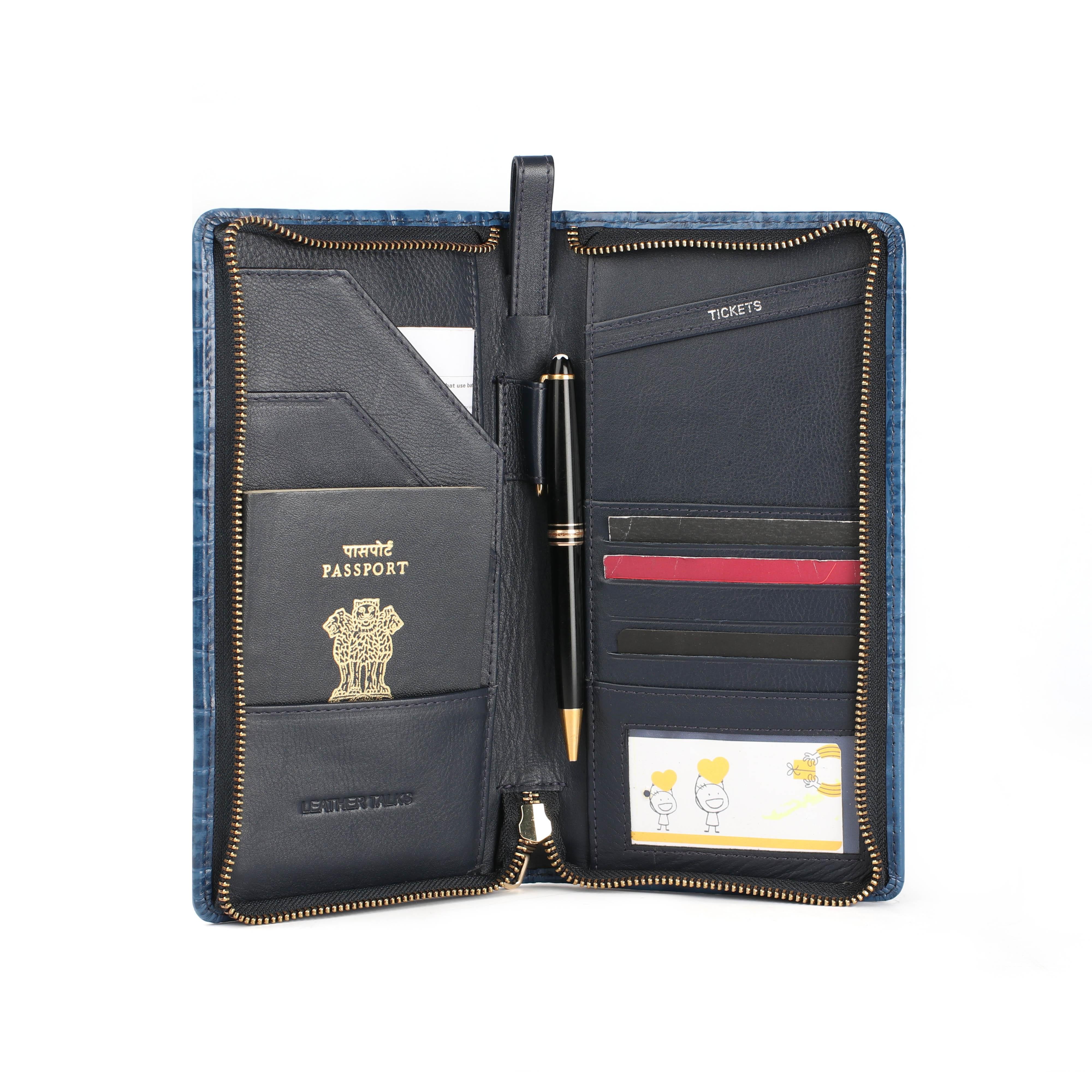 Full Zip Leather Passport Holder | 100% Genuine Leather | Color: Blue