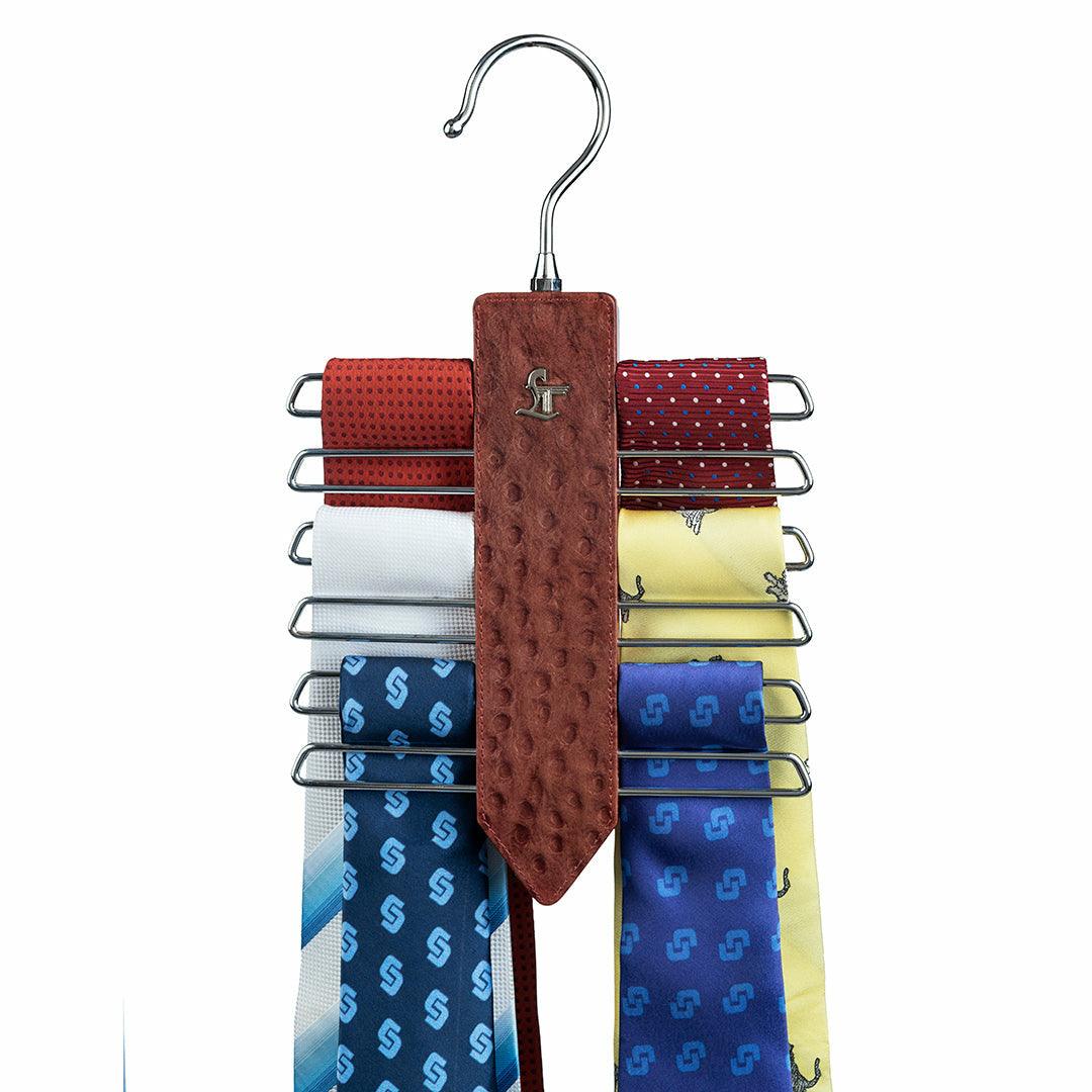Leather Wooden Tie Hanger | 100% Genuine Leather | Color: Cherry