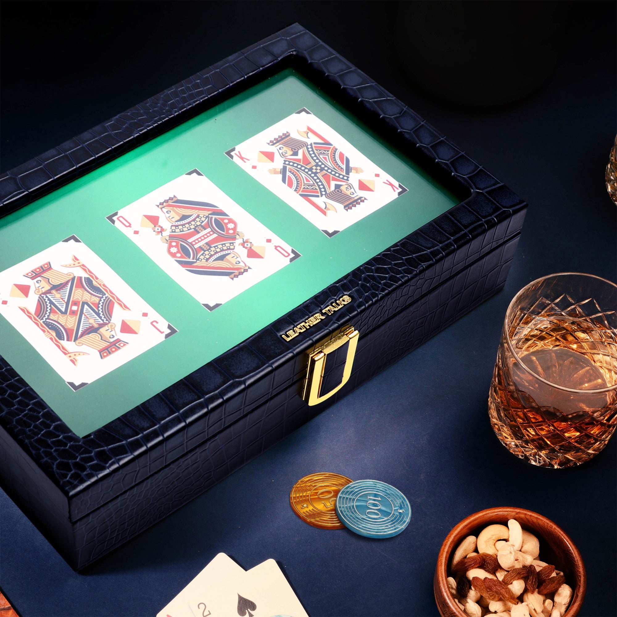 Leather Poker Box | Croco Embossed Genuine Leather | Color: Blue, Brown & Tan Leather Talks https://www.vogue.in/shopping/promotion/these-thoughtfully-curated-diwali-gift-hampers-are-perfect-for-celebrating-those-you-cherish