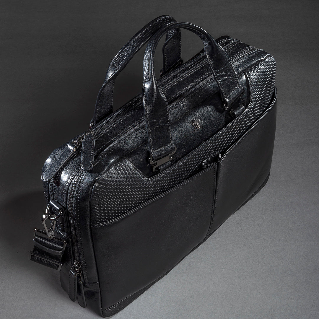 Fortune Series | Leather Portfolio Bag for Men | Double Zipper Laptop Bag | 100% Genuine Leather | Color: Black