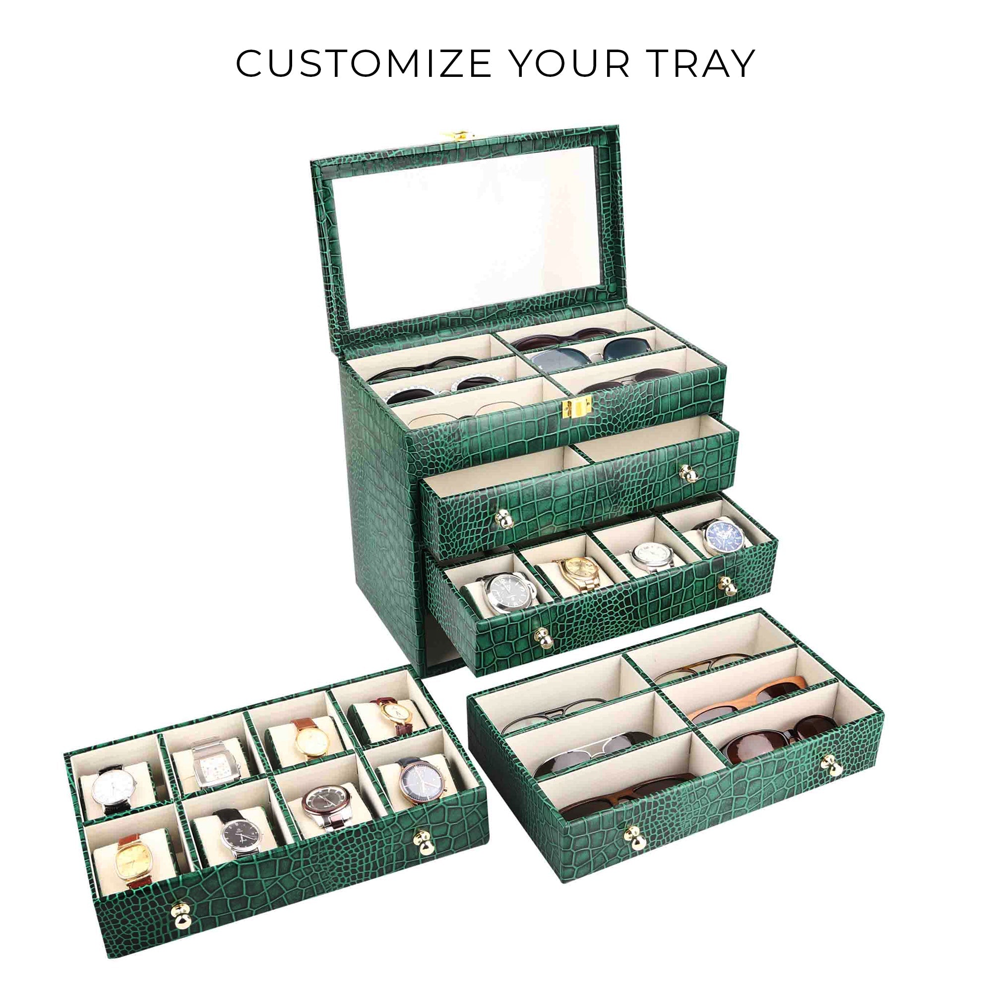 NOAH Sunglass Cum Watch Box | Watch Box | Sunglass Box | 100% Genuine Leather Wrist Watch Case| Hold 24 Slot Watch Box | 6 Slot Sunglasses | Customize your tray | Luxury Watch Case with Display Sunglasses | Color: Blue, Green & Brown Leather Talks