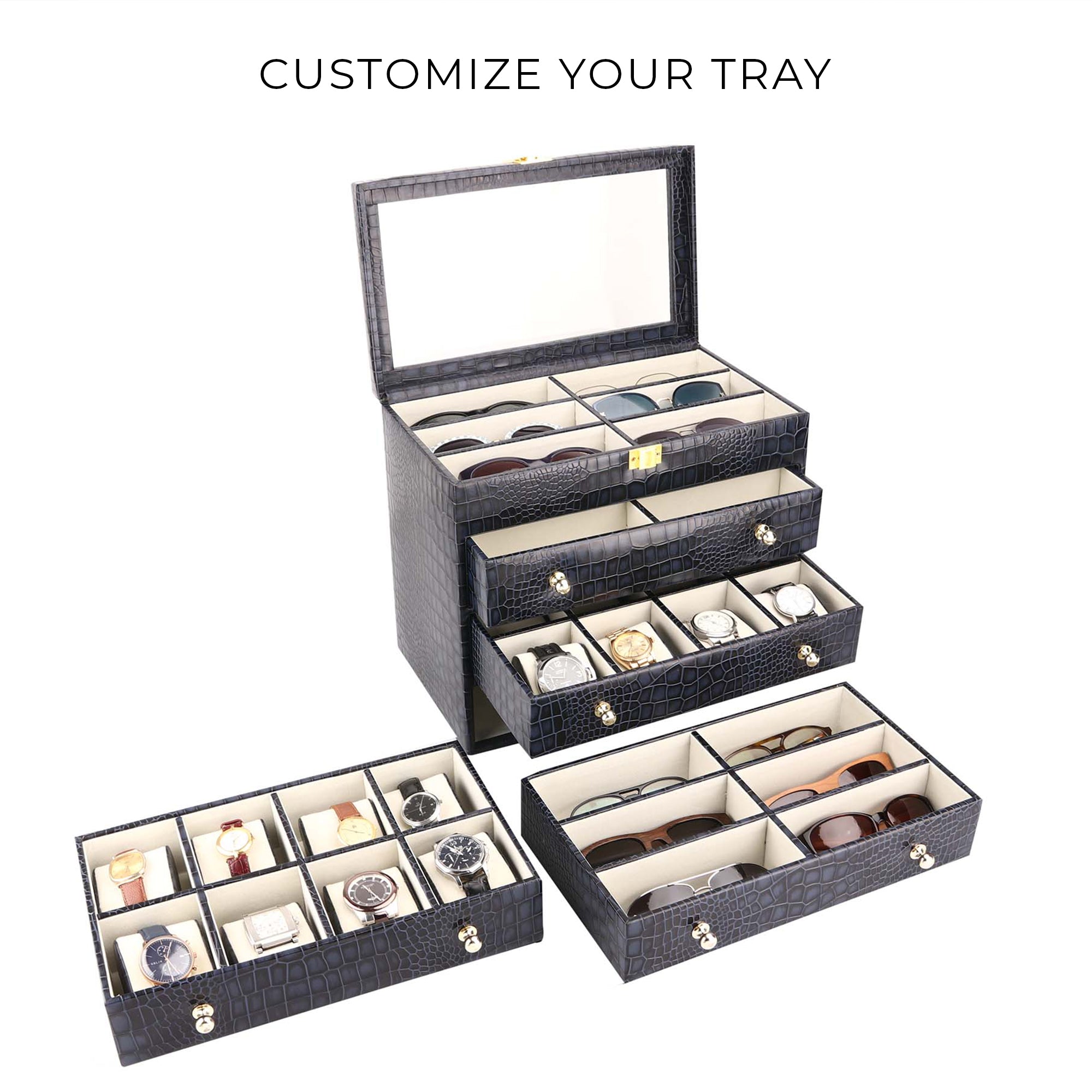 NOAH Sunglass Cum Watch Box | Watch Box | Sunglass Box | 100% Genuine Leather Wrist Watch Case| Hold 24 Slot Watch Box | 6 Slot Sunglasses | Customize your tray | Luxury Watch Case with Display Sunglasses | Color: Blue, Green & Brown Leather Talks