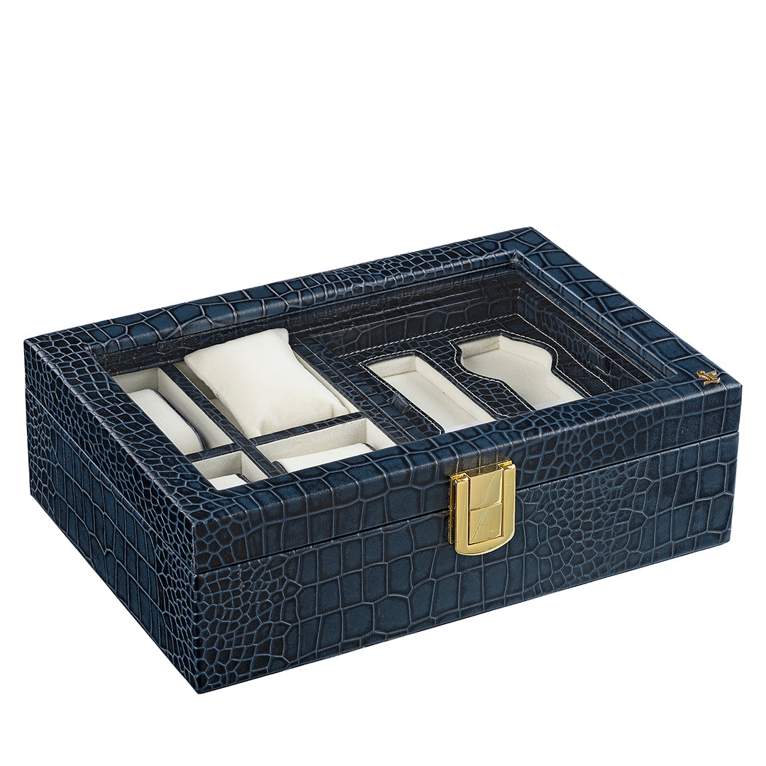 Galio Leather Watch Box For Men | 100% Genuine Leather | Can Hold 6 Watches | Acrylic Top | Color: Blue