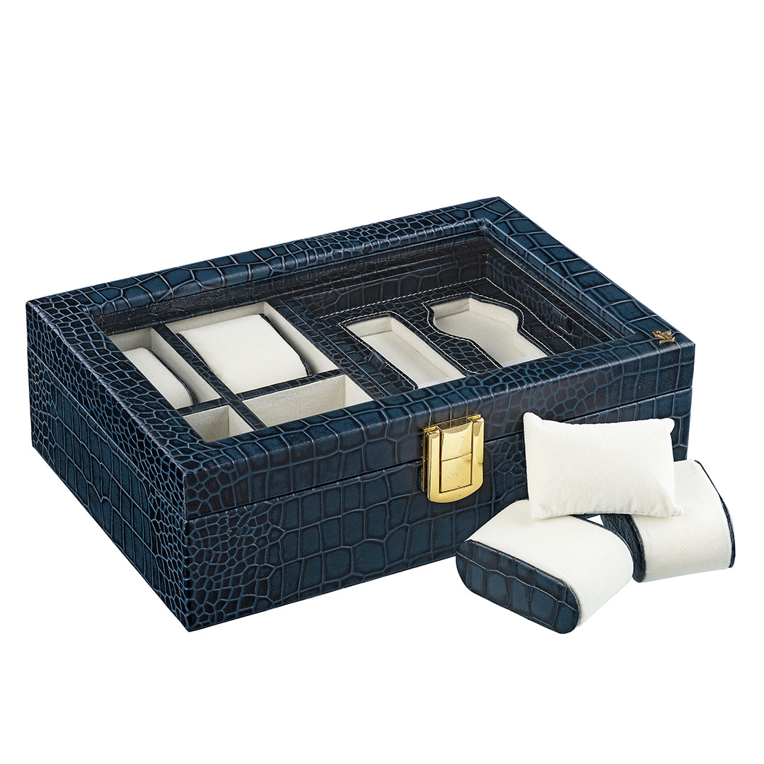 Galio Leather Watch Box For Men | 100% Genuine Leather | Can Hold 6 Watches | Acrylic Top | Color: Blue