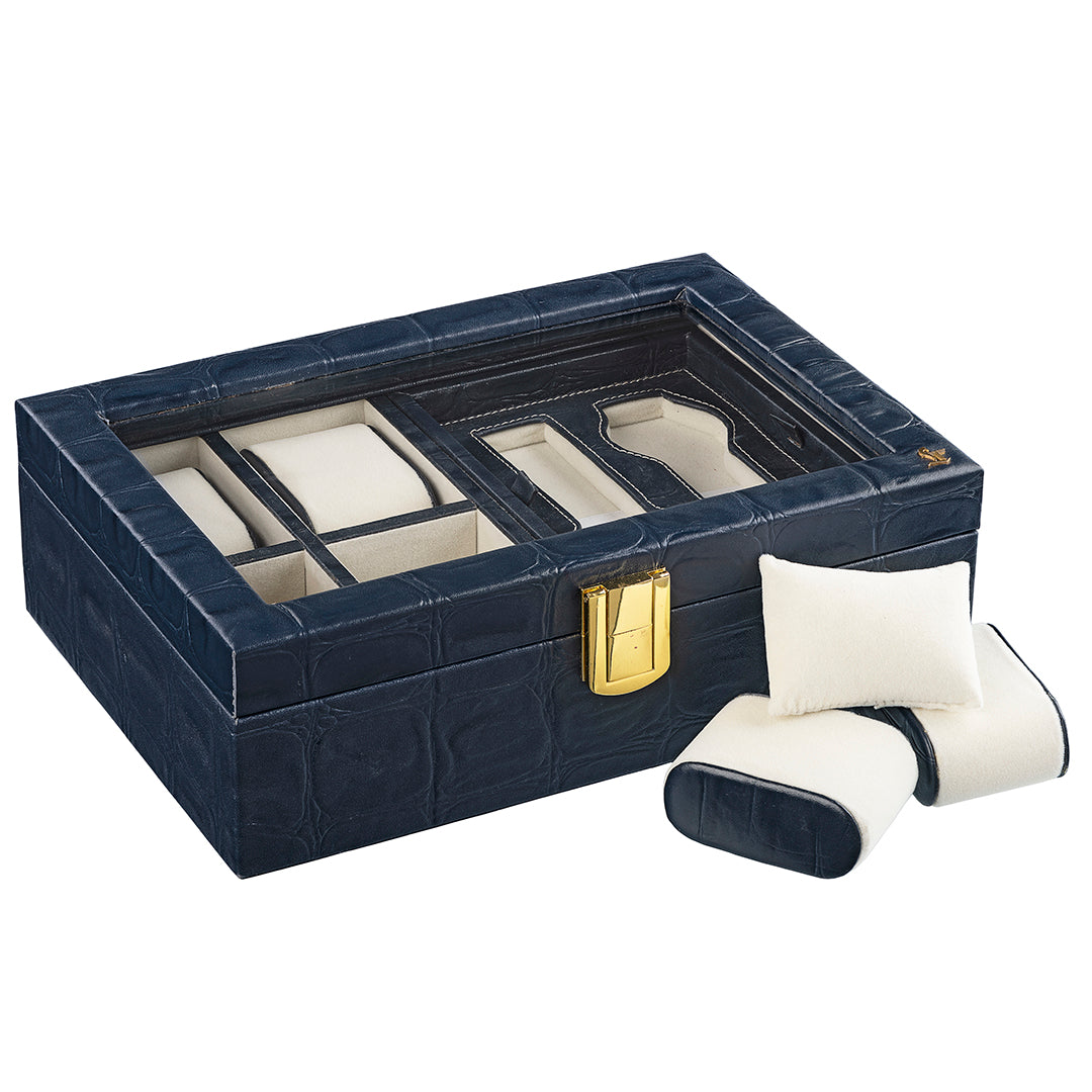 Galio Leather Watch Box / Case | 100% Genuine Leather | Can Hold 6 Watches | Acrylic Glass Top | Color: Blue