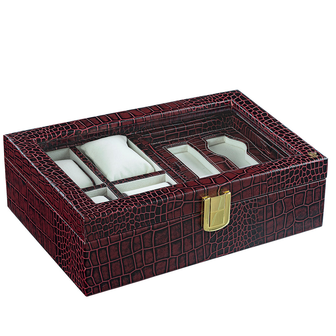 Galio Leather Watch Box For Men | 100% Genuine Leather | Can Hold 6 Watches | Acrylic Top | Color: Red