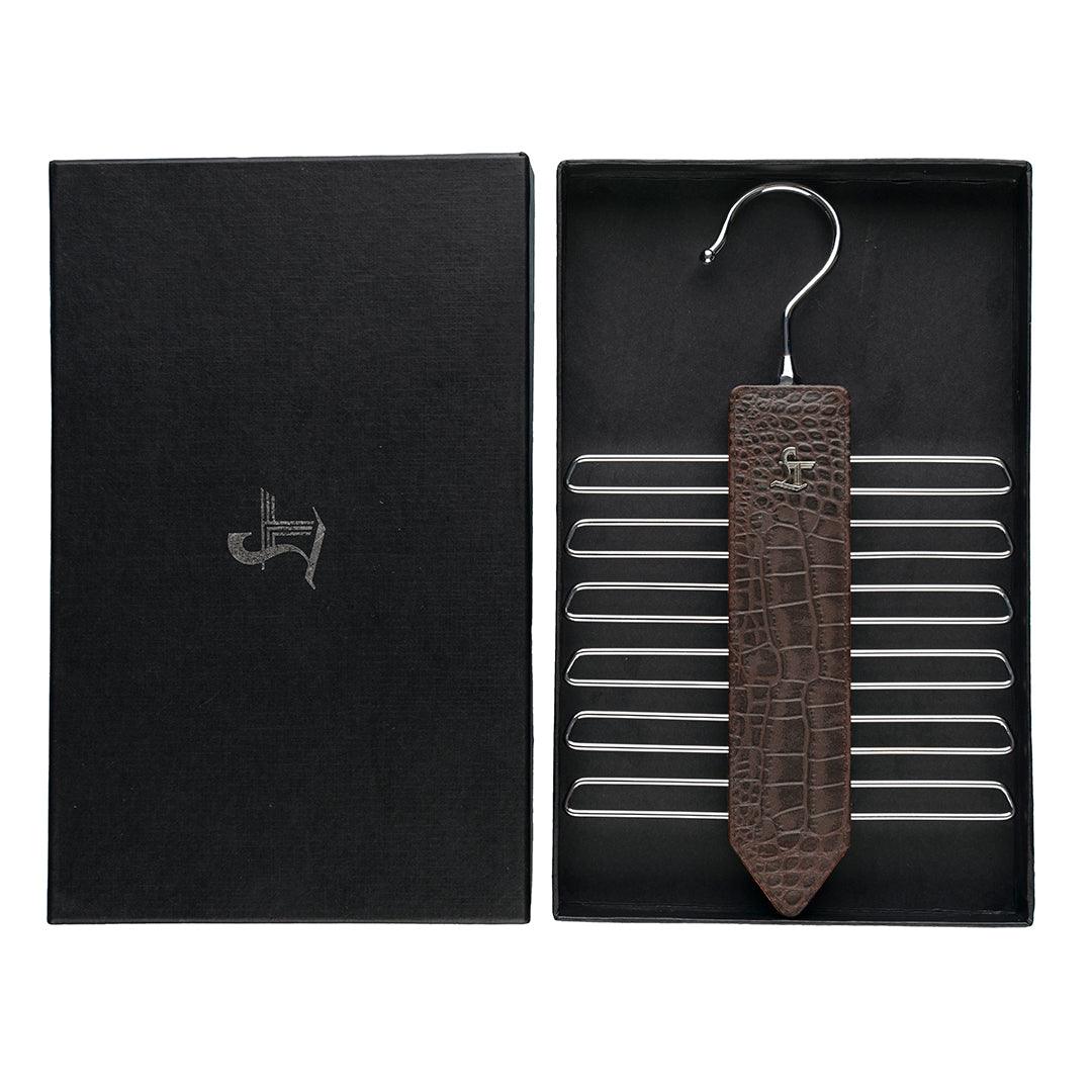 Leather Wooden Tie Hanger | 100% Genuine Leather | Color: Brown