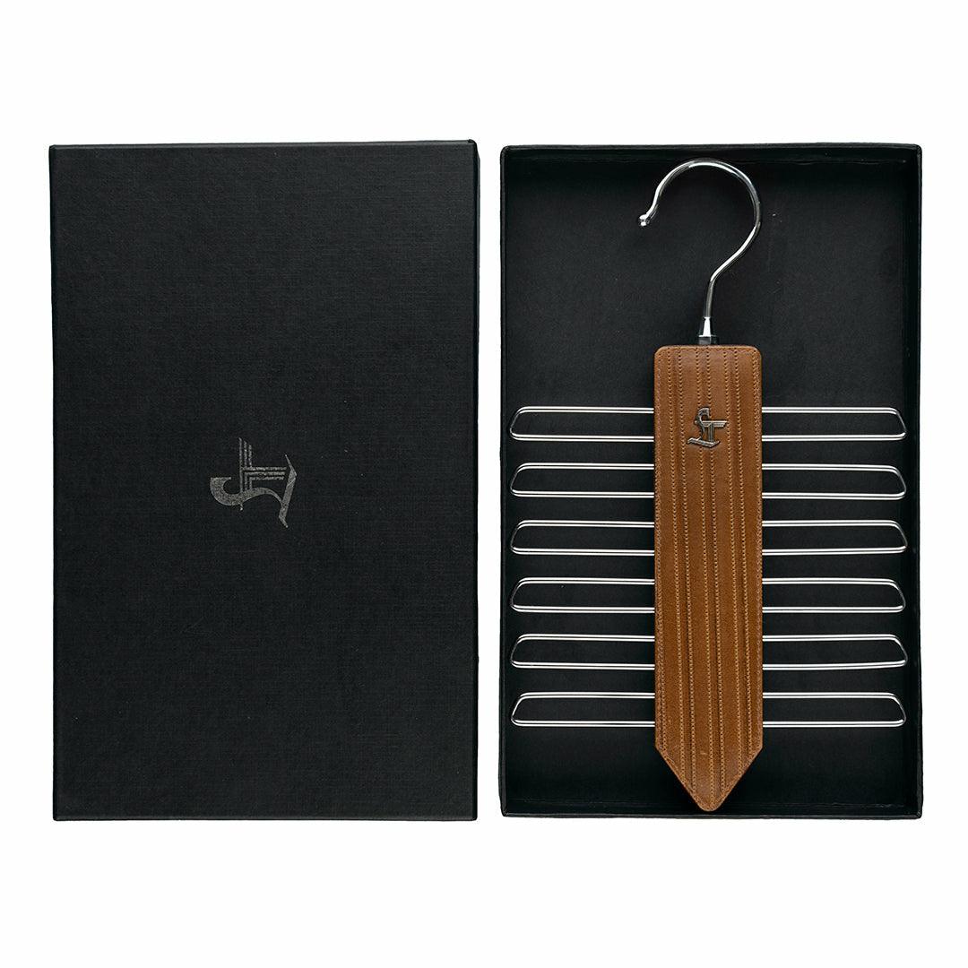 Leather Wooden Tie Hanger | 100% Genuine Leather | Color: Tan