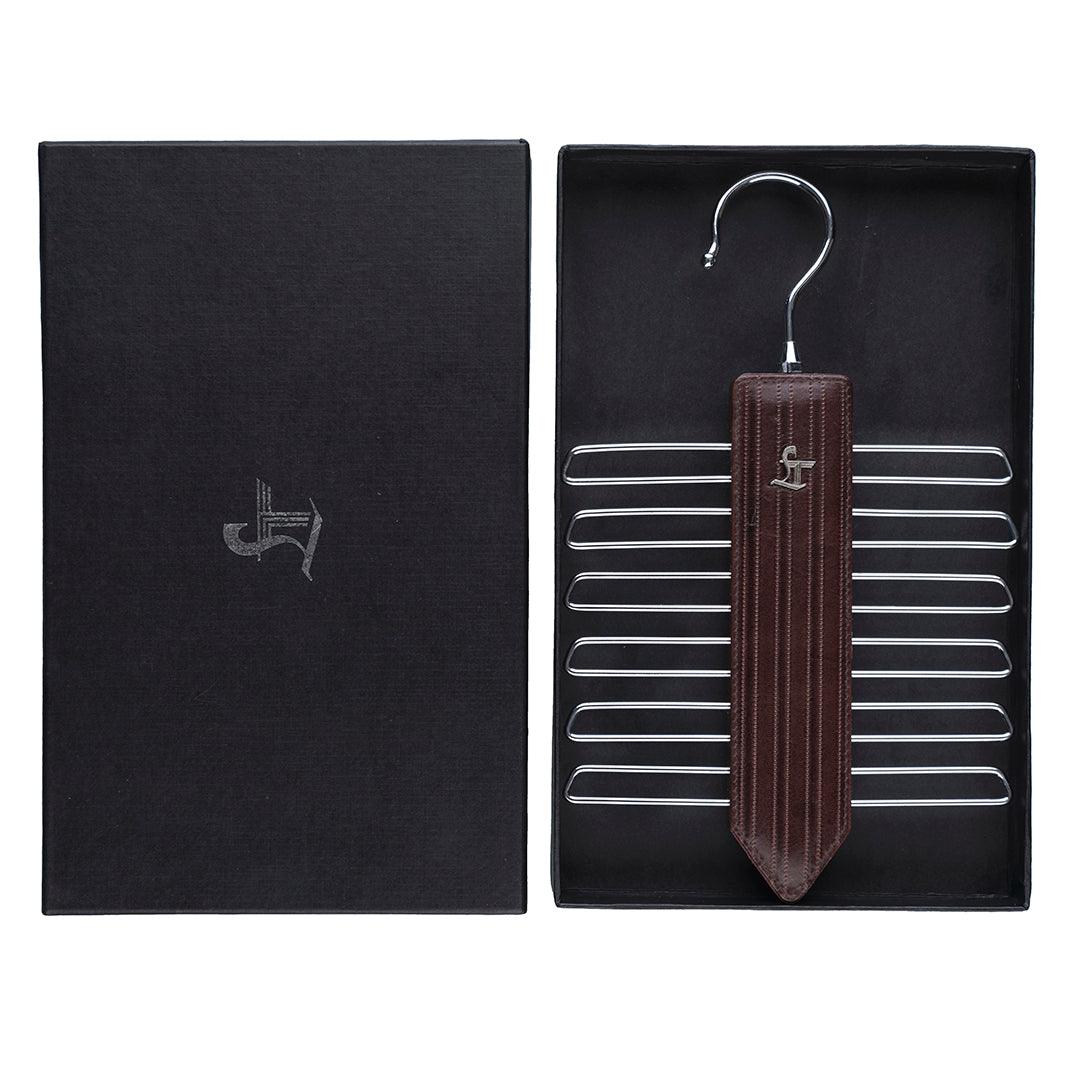 Leather Wooden Tie Hanger | 100% Genuine Leather | Color: Cherry