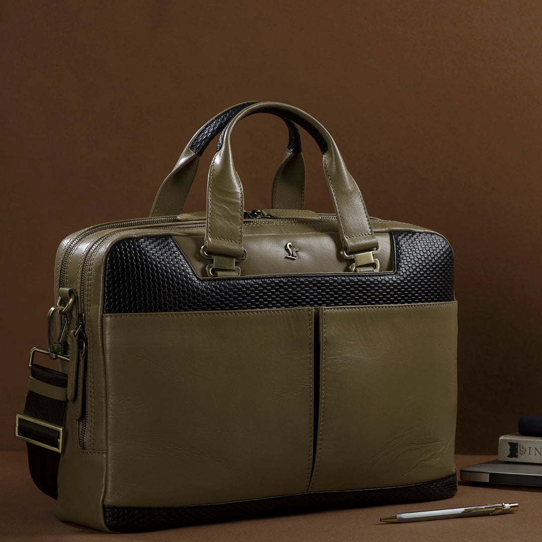 Fortune Series | Leather Portfolio Bag for Men | Double Zipper Laptop Bag | 100% Genuine Leather | Color: Beige
