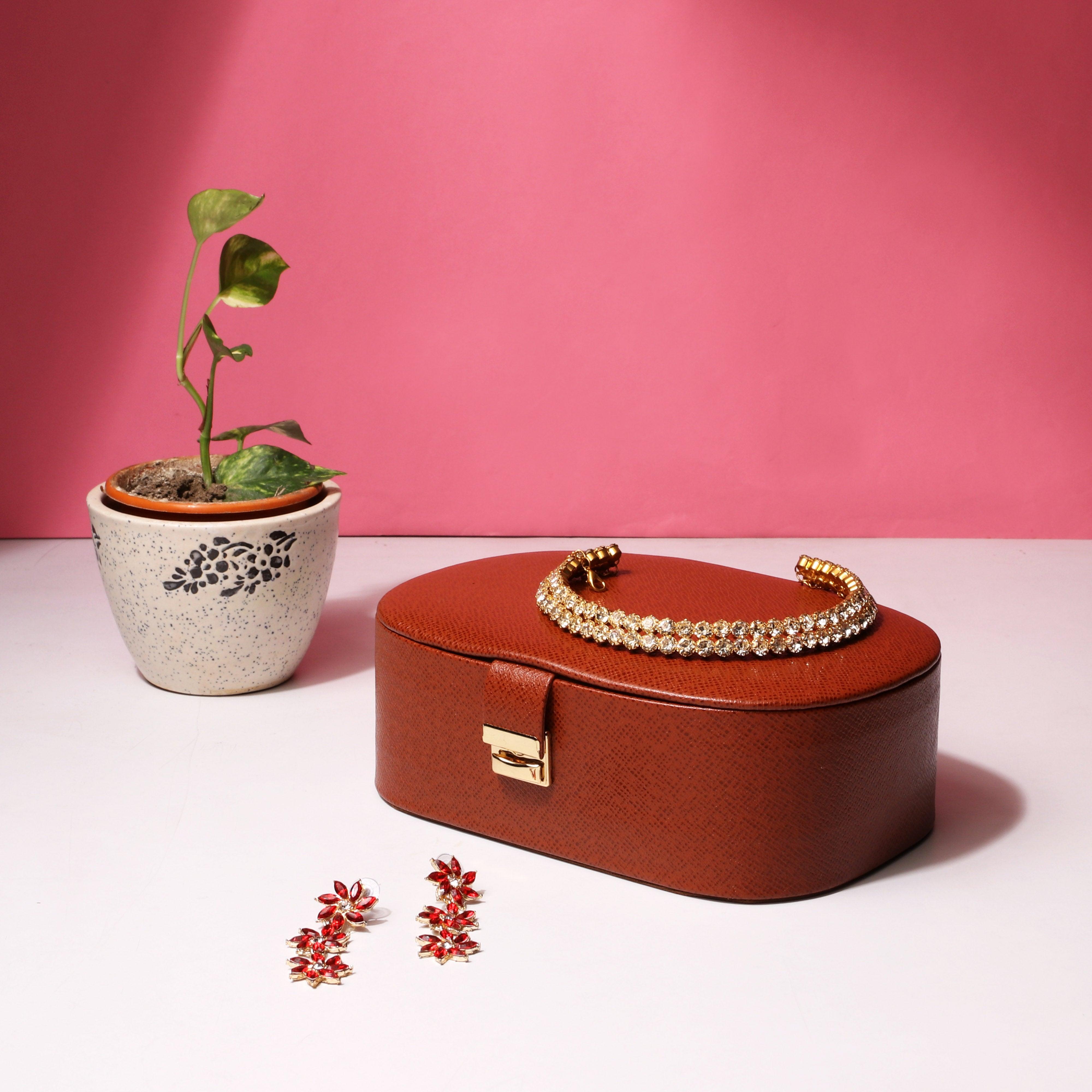 Jewellery Box III | Leather Jewellery storage Box | Color: Saffiano Brown, Orange Leather Talks