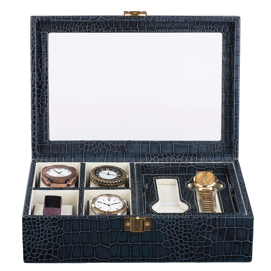 Galio Leather Watch Box For Men | 100% Genuine Leather | Can Hold 6 Watches | Acrylic Top | Color: Blue
