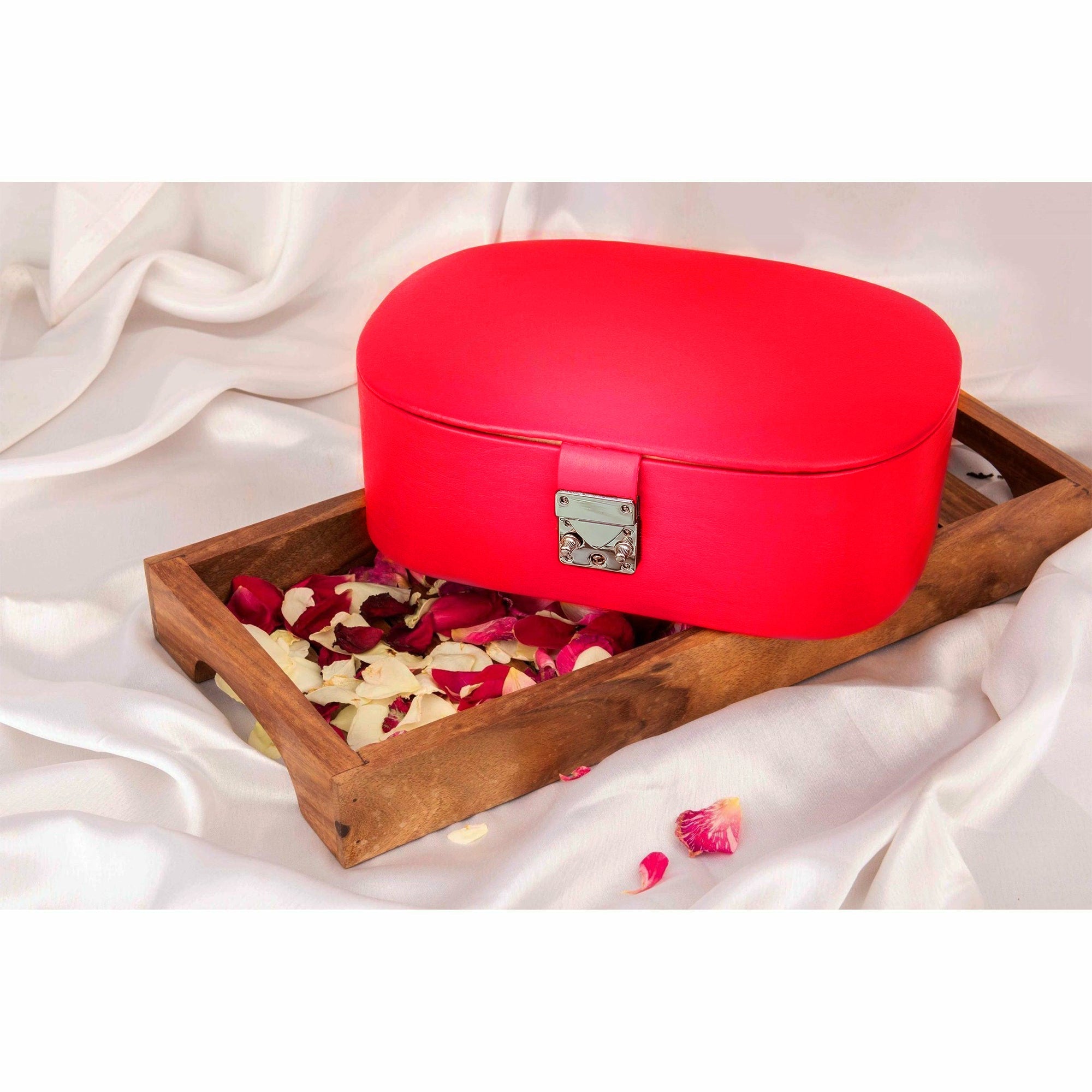 Luxury leather jewellery storage box with secure lock – closed front view.