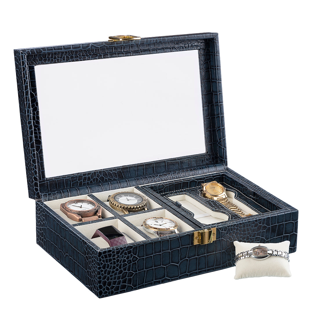 Galio Leather Watch Box For Men | 100% Genuine Leather | Can Hold 6 Watches | Acrylic Top | Color: Blue