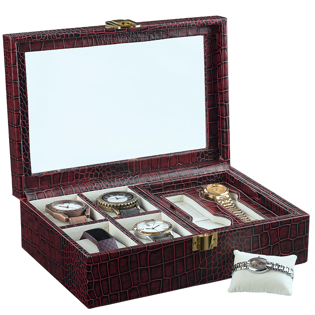 Galio Leather Watch Box For Men | 100% Genuine Leather | Can Hold 6 Watches | Acrylic Top | Color: Red