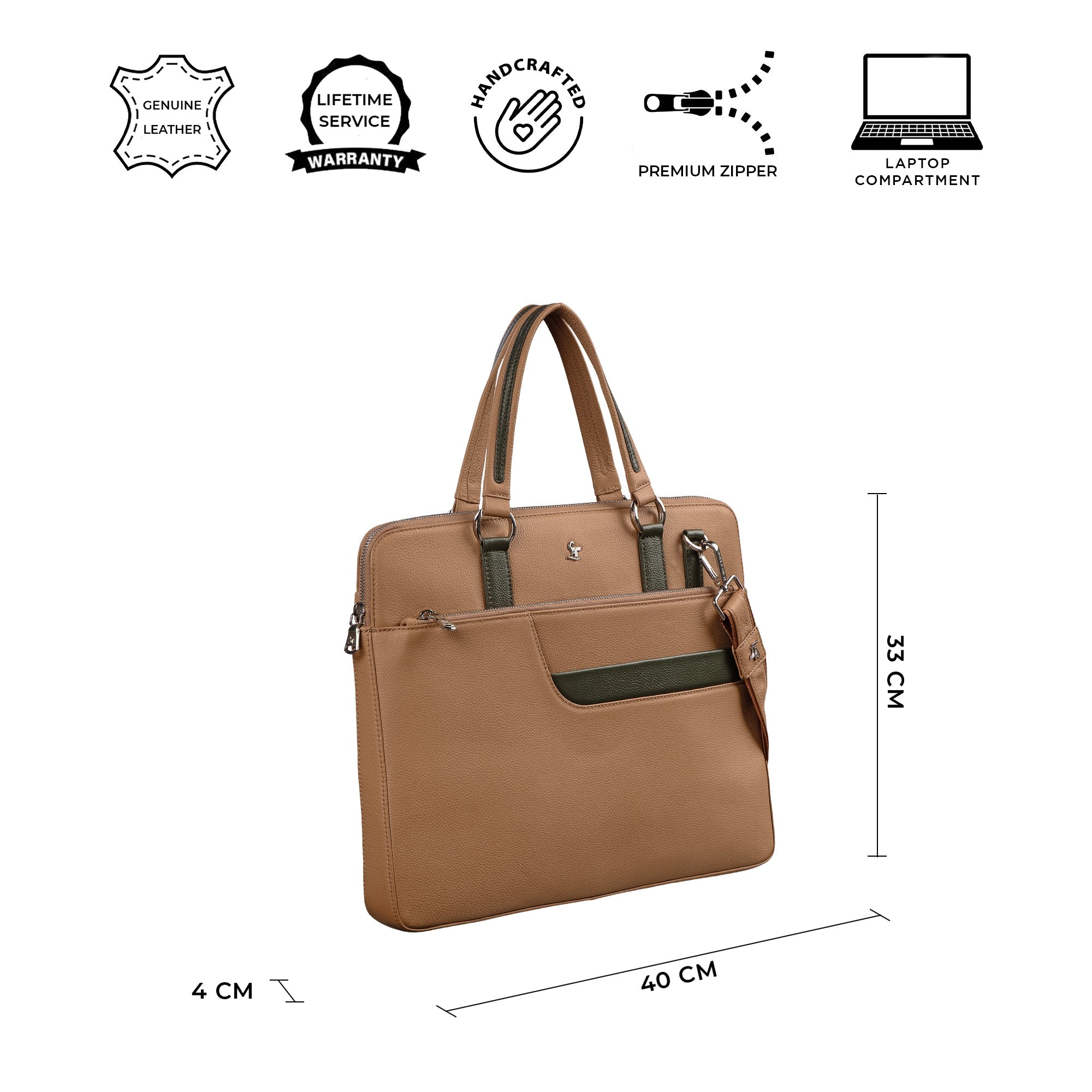Tan genuine leather folio bag for men with size dimensions and premium features – handcrafted office bag design.