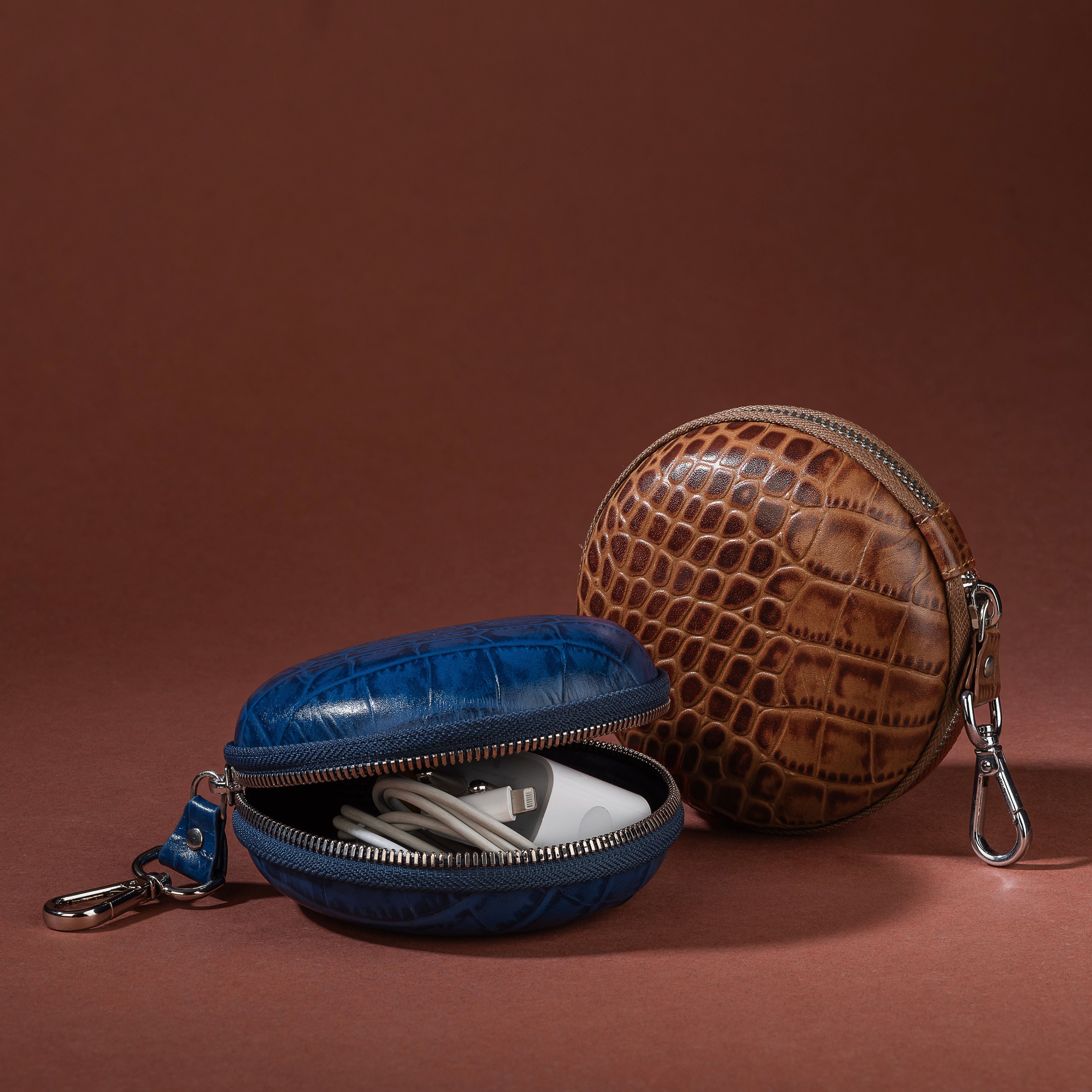 Tech Kit | Leather Pouch for Mobile Charger | Color: Blue & Tan