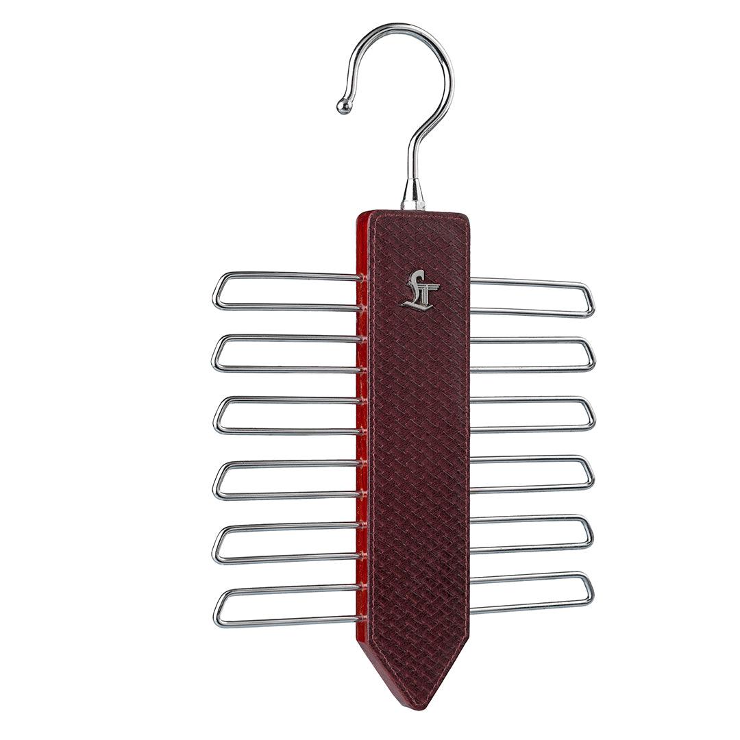 Leather Wooden Tie Hanger | 100% Genuine Leather | Color: Chatai Cherry