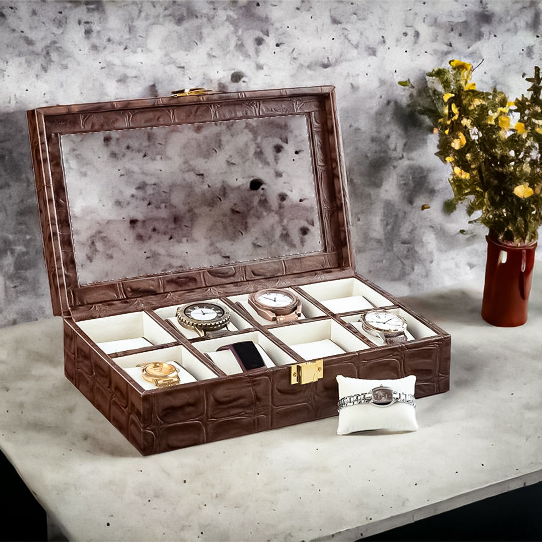 Bronx II Watch Box (8 Watches) | Watch Box For Men | 100% Genuine Leather | Color: Crocotail Brown Leather Talks