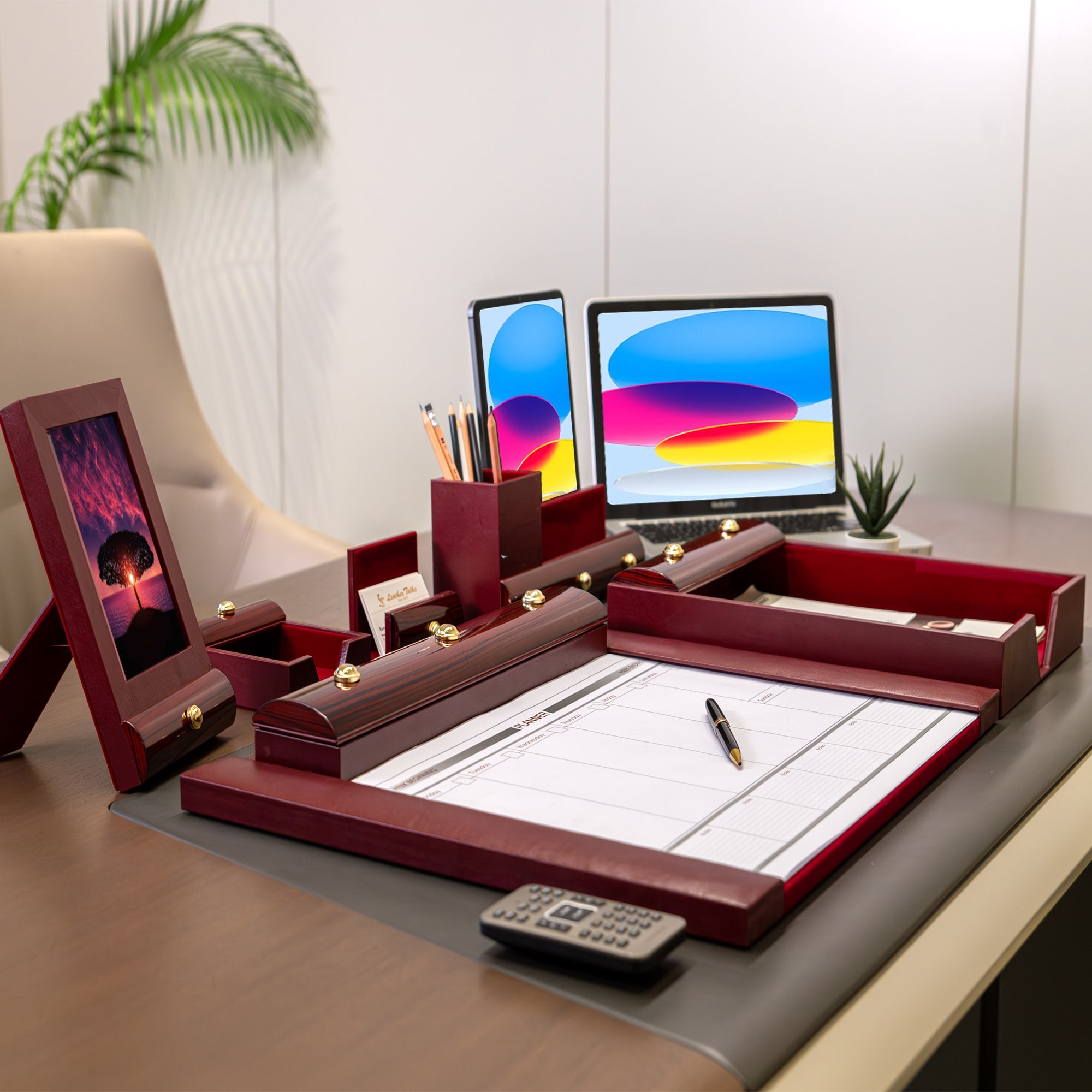 Wood Leather Desktop Organizer for Office Desk – Elegant and functional organizer to keep your workspace tidy and stylish.