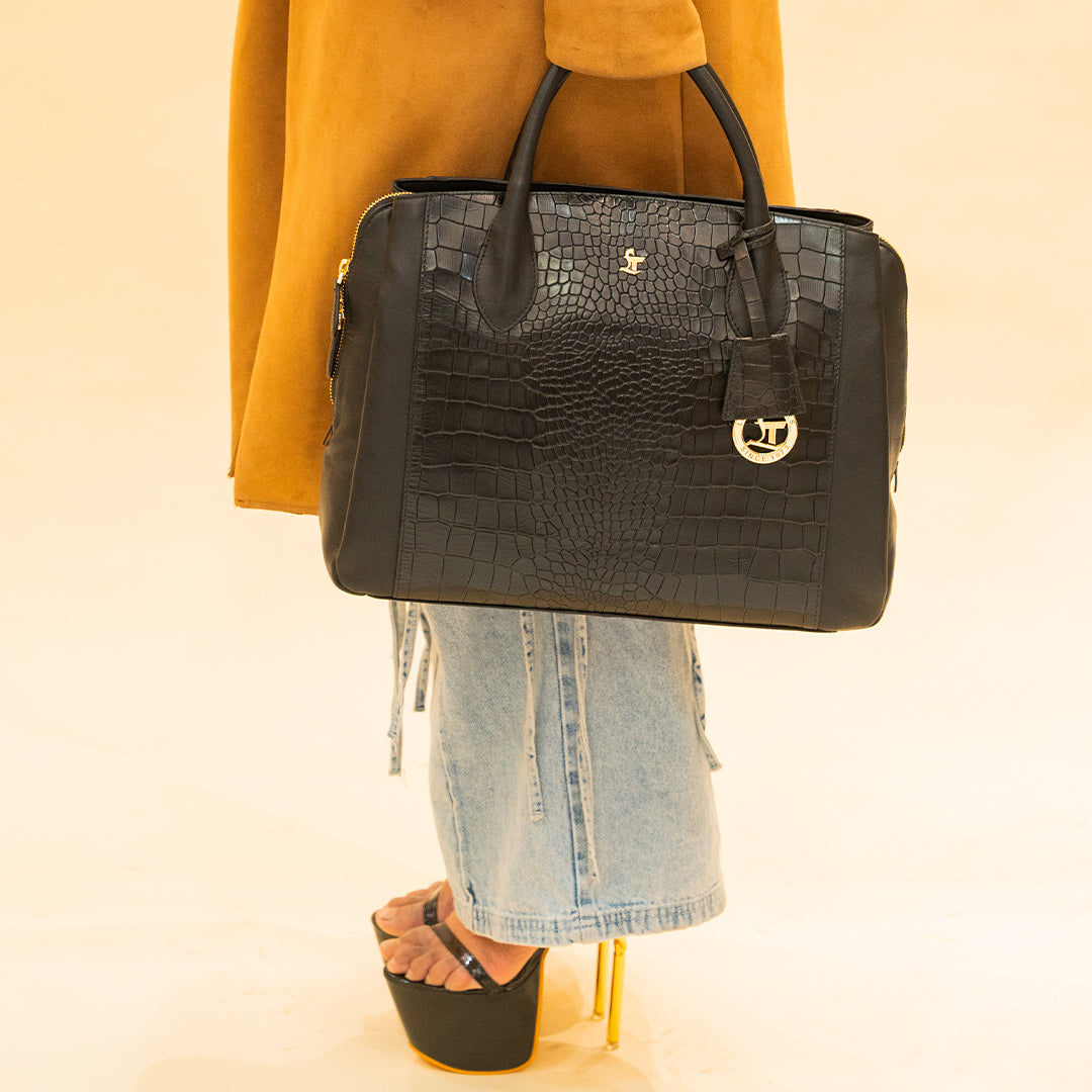 Clara Sr. Black Leather Handbag for Women with Detachable Laptop Sleeve | Large Genuine Leather Handbag | Croco Embossed Shoulder Bag for Office, Travel & Everyday Use Leather Talks