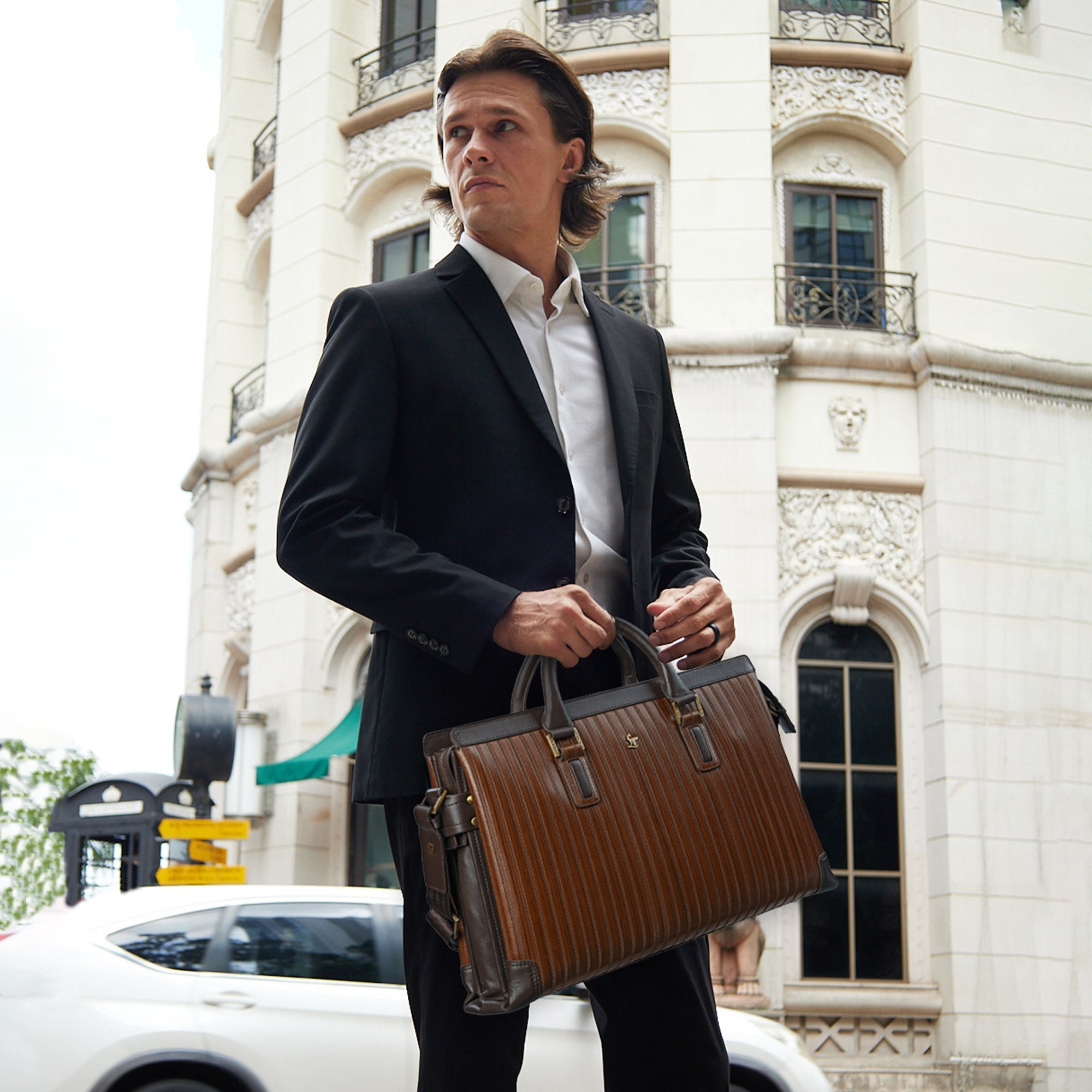Premium leather laptop bag for men, perfect for business, work, and office use.