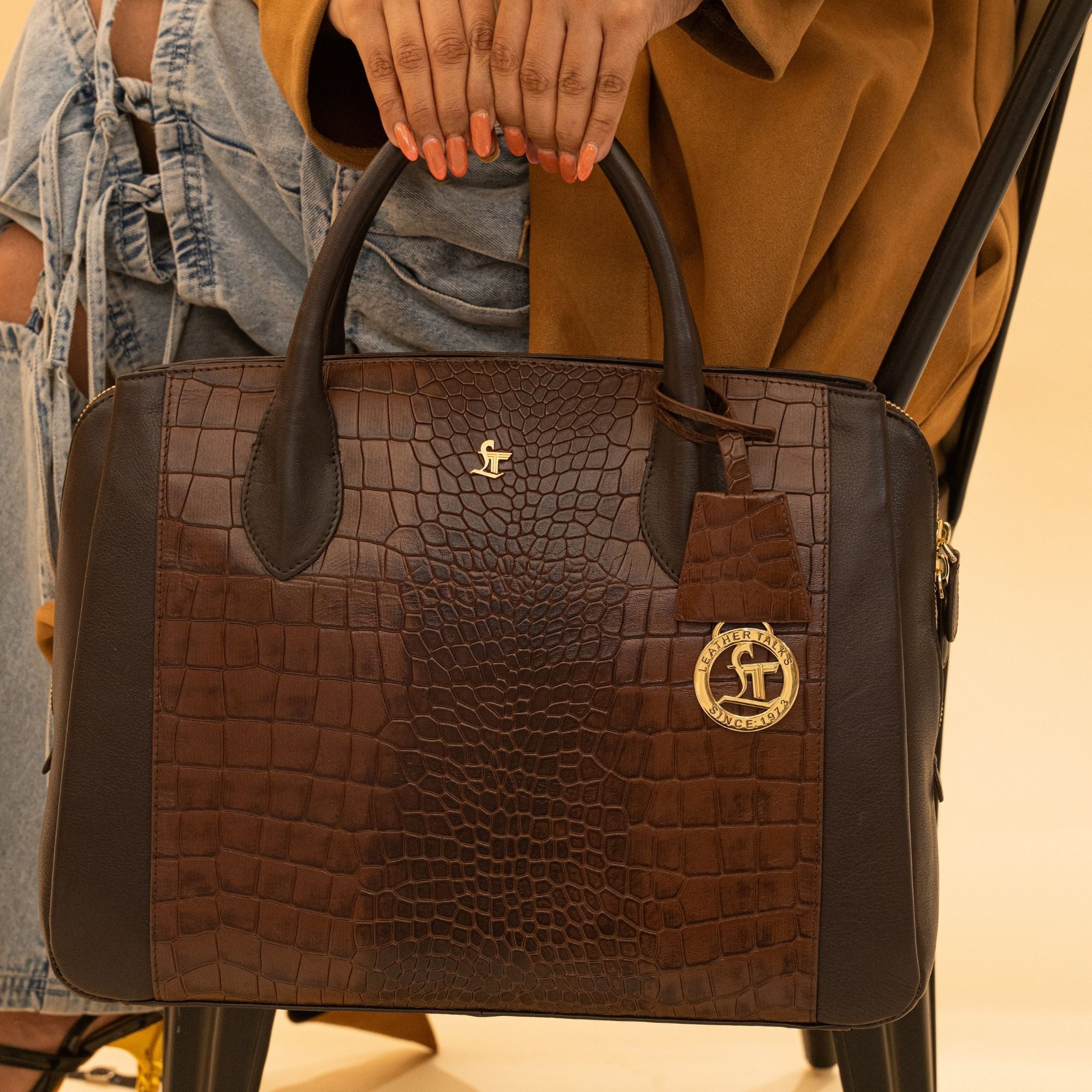 Clara Sr. Leather Laptop Carry Bag | Large Croco Embossed Tote Bag for Women | Genuine Leather Shoulder Bag for Office, Travel & Everyday Use | Available in Brown, Black, Blue, Pink, Beige Leather Talks