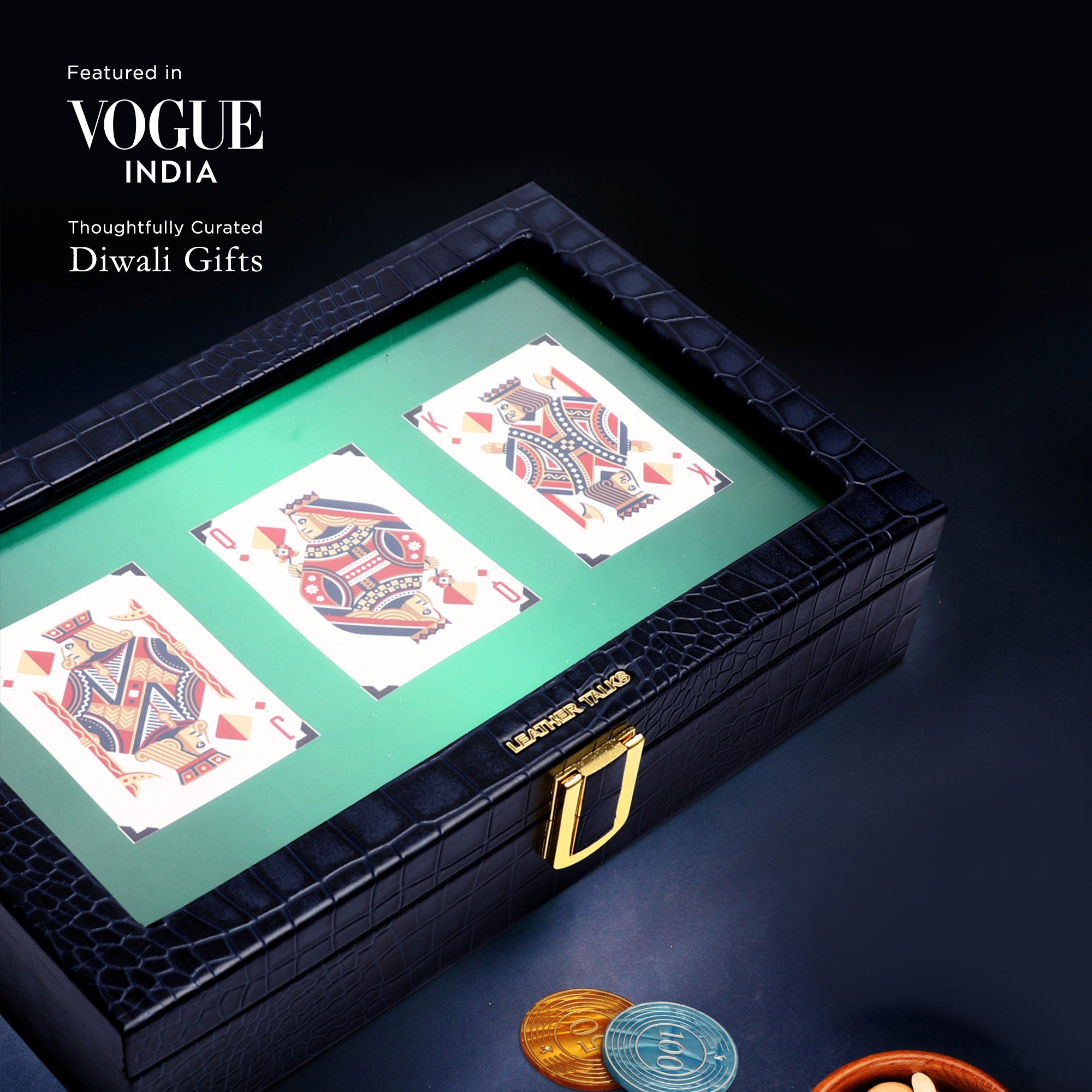Leather Poker Box | Croco Embossed Genuine Leather | Color: Blue Leather Talks