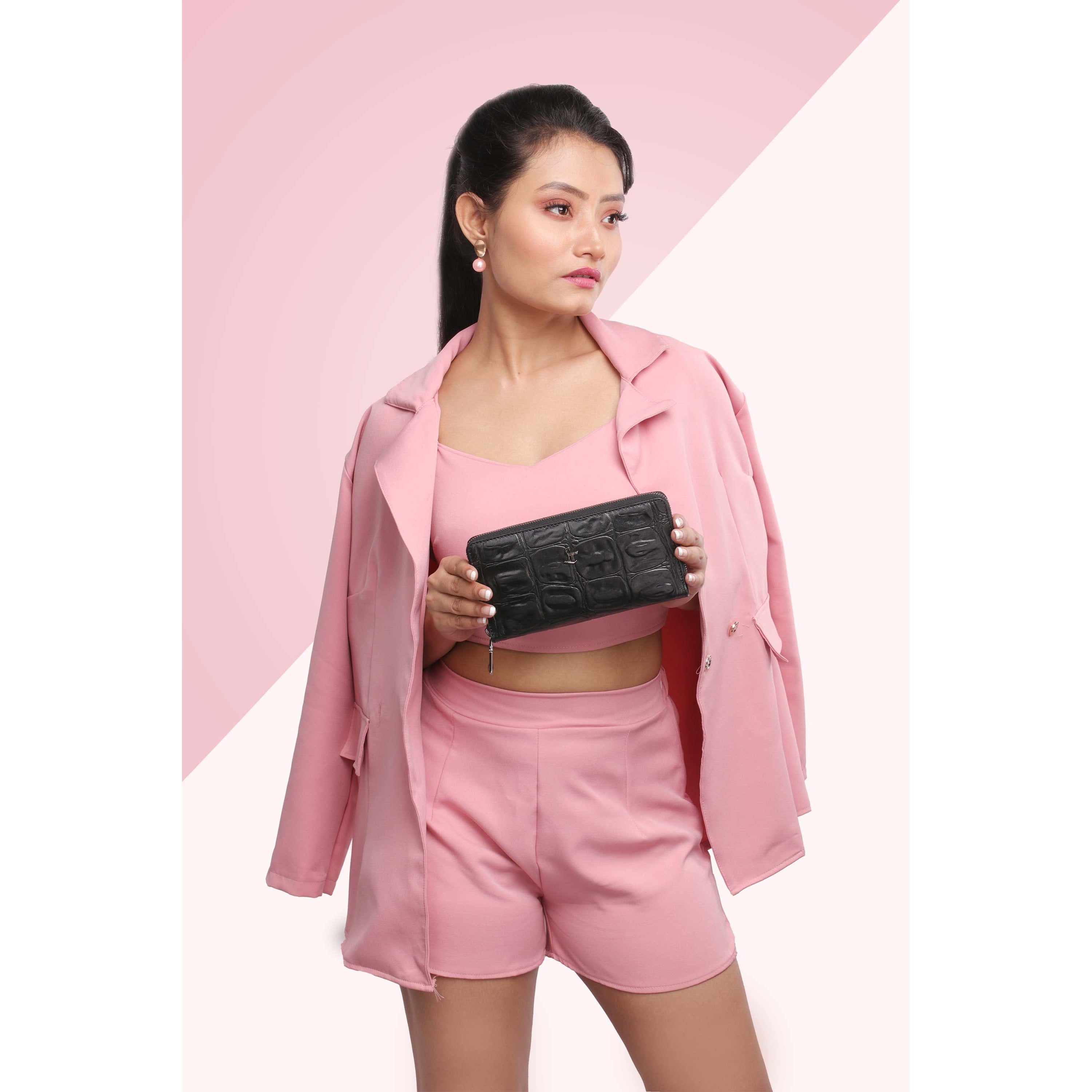 Palm II | Croco Tail Leather Wallet for Women | 100% Genuine Leather | Color: Black