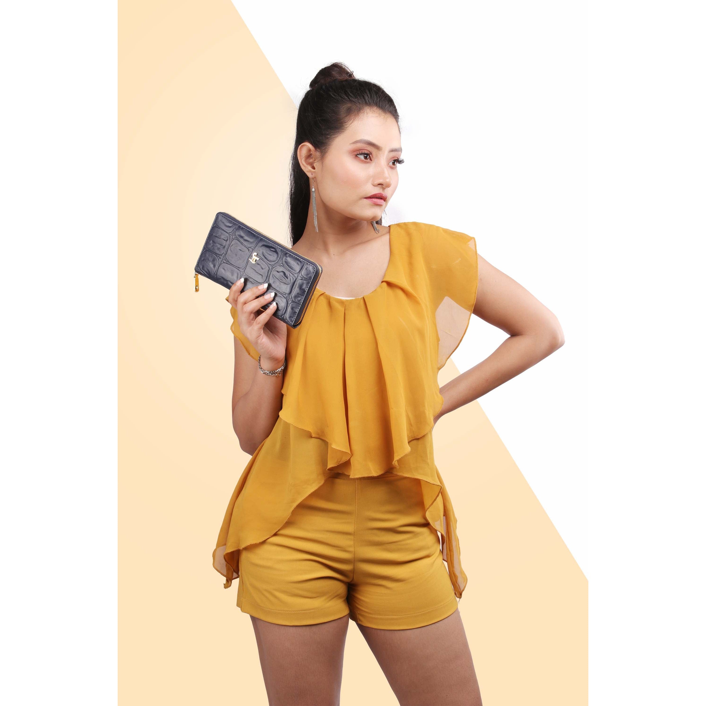 Palm II | Croco Tail Leather Wallet for Women | 100% Genuine Leather | Color: Black