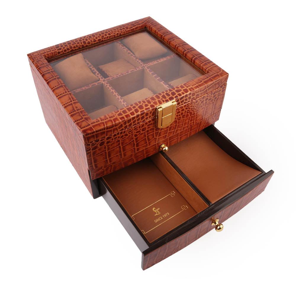 Genuine leather men’s organizer box with velvet tray, watch storage for 6, pen holder, and accessory compartment.