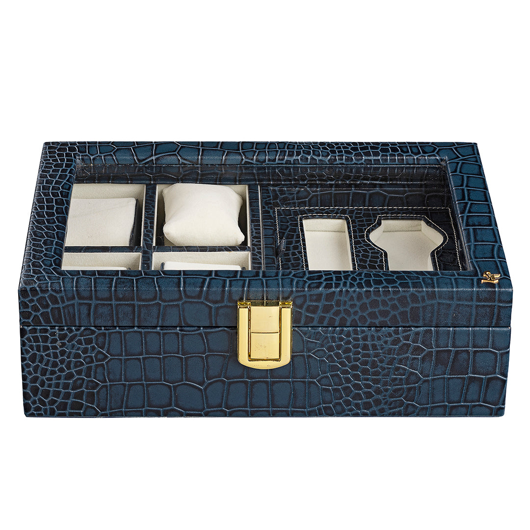 Galio Leather Watch Box For Men | 100% Genuine Leather | Can Hold 6 Watches | Acrylic Top | Color: Blue