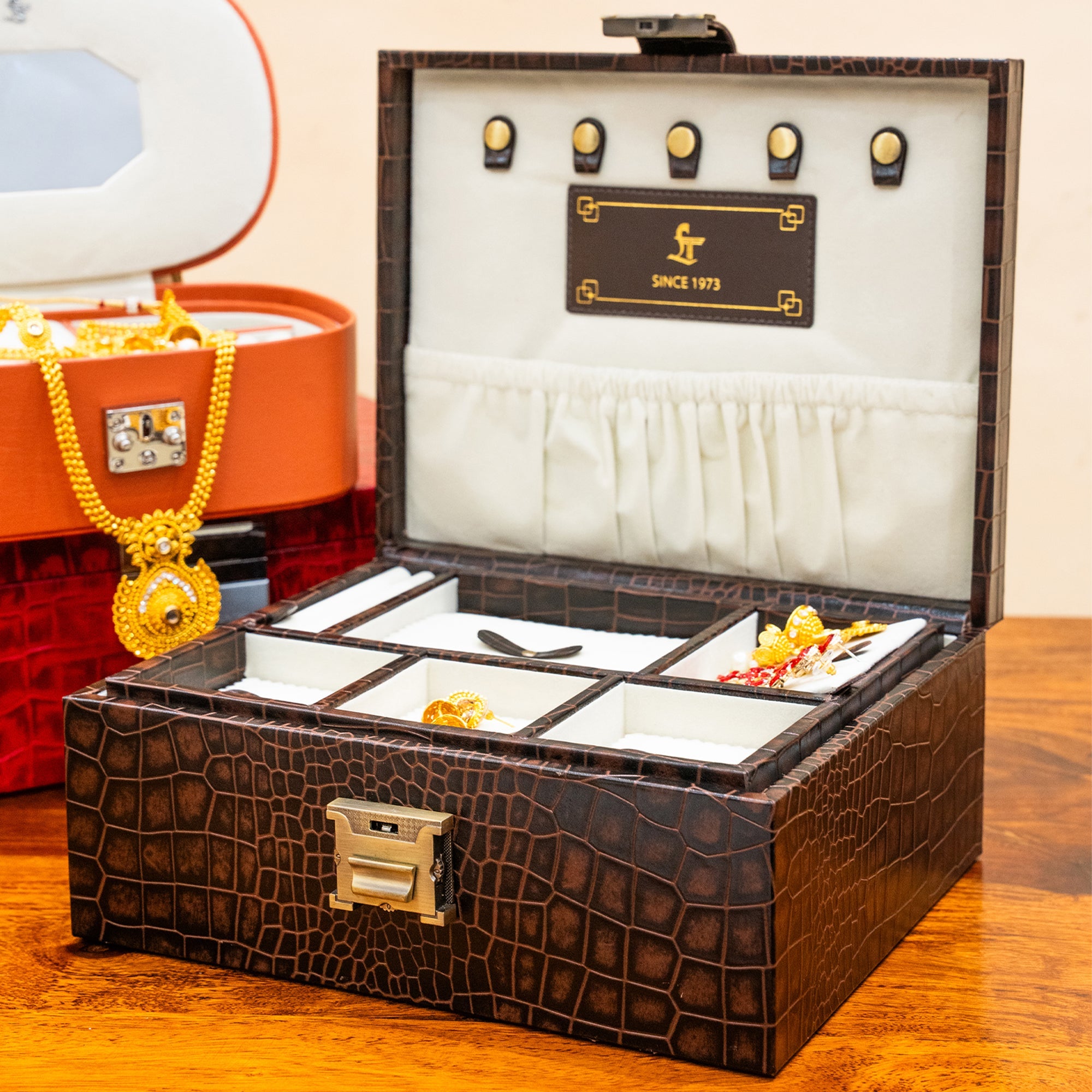 Royce Double Tray Jewellery Box | Luxury Genuine Leather Jewellery Box for Women | Elegant Organizer for Rings, Necklaces, Earrings & Watches | Color: Croco Brown Leather Talks