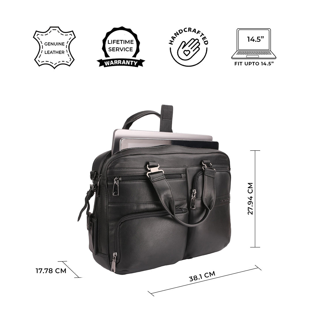 Jacob | Leather Briefcase For Men | 100% Genuine Leather | For Office Use | Colour: Black & Brown Leather Talks