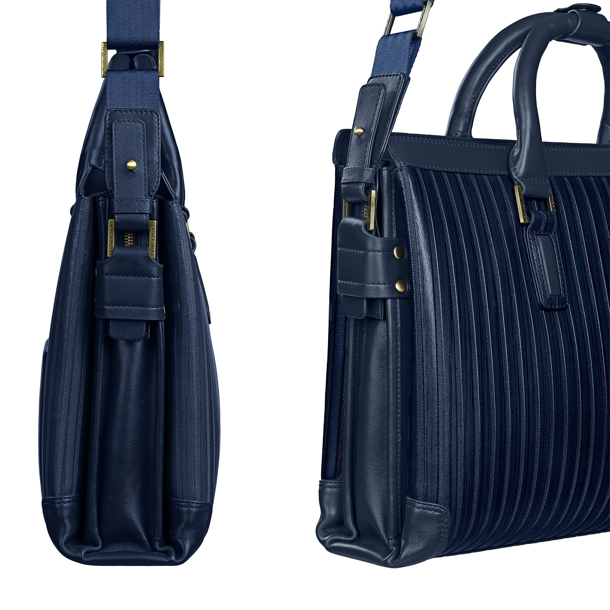 Side and angled front view of a luxury genuine leather laptop bag in navy blue with vertical stripe texture, gold-tone hardware, and detachable shoulder strap.