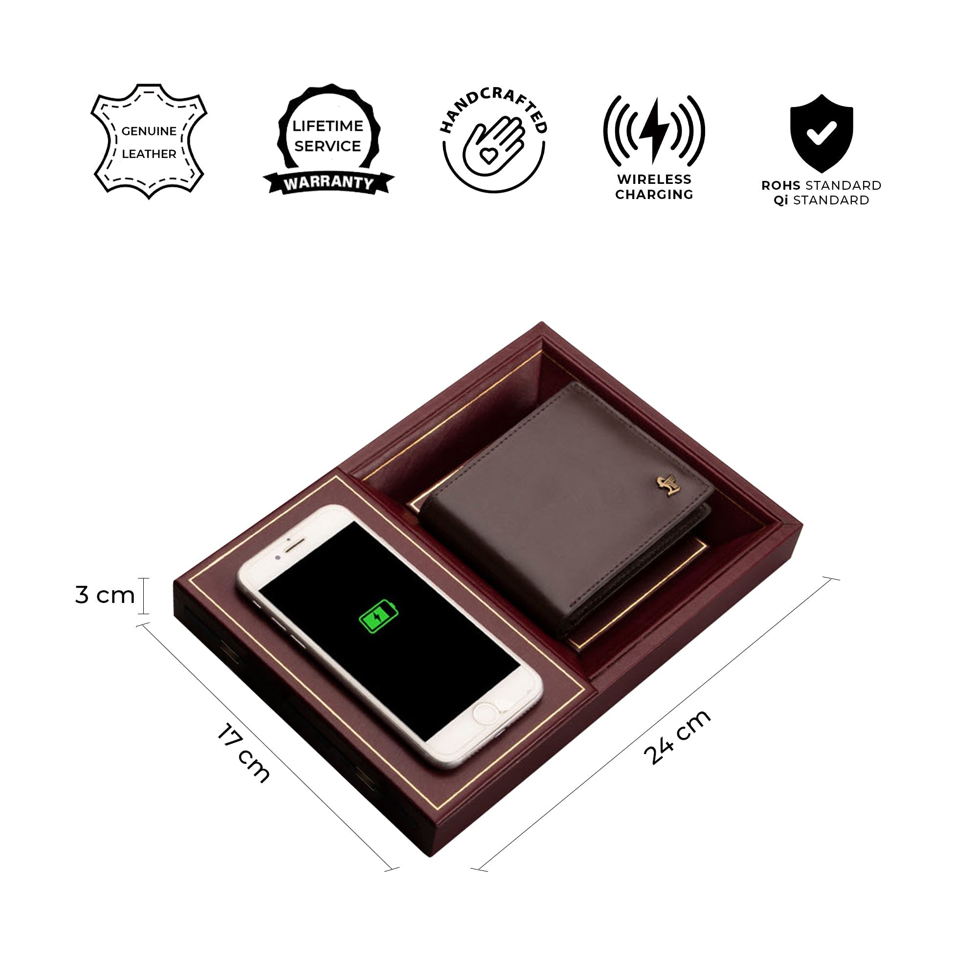 LT Smart Valet Tray 2.0 with wireless charging and power bank 10000 mAh | Color: Brown, Cherry, Black Leather Talks
