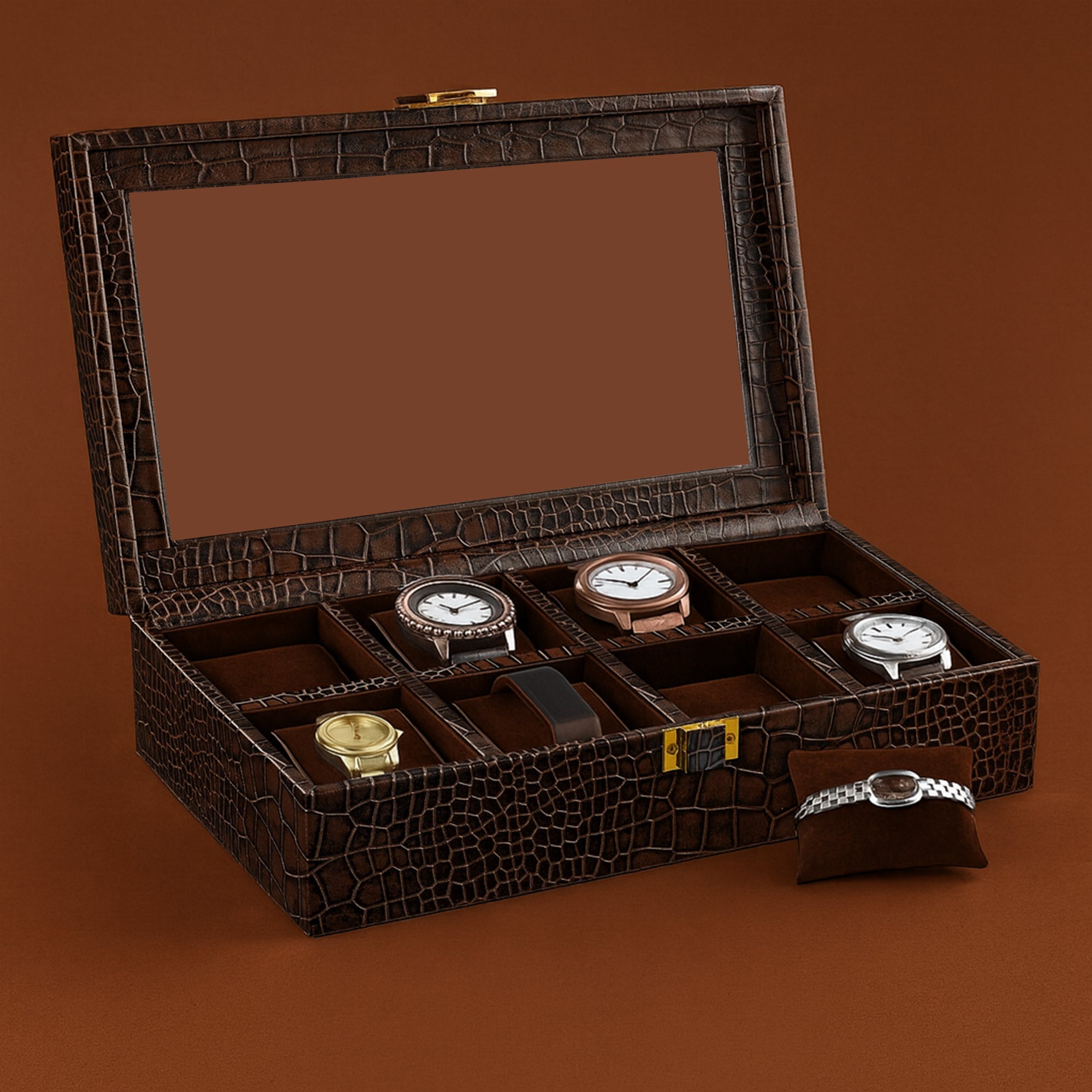 Bronx II Genuine Leather Watch Box for Men | 8 Slot Luxury Watch Organizer | Croco Embossed Premium Watch Case | Color: Brown Leather Talks