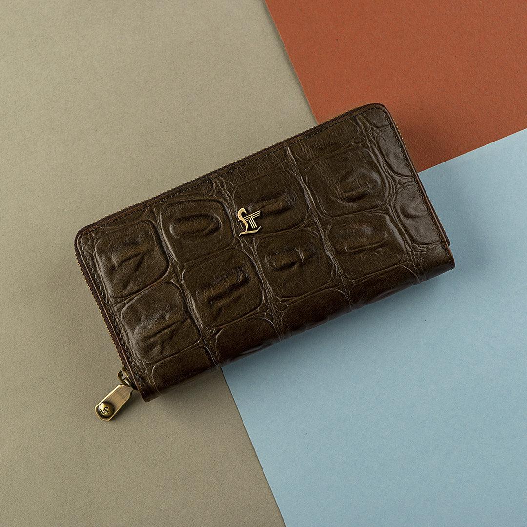 Palm II | Croco Tail Leather Wallet for Women | 100% Genuine Leather | Color: Brown