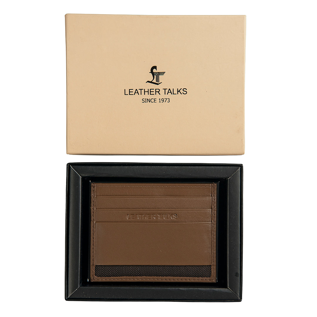 RFID-blocking leather card holder designed to protect your cards from unauthorized scanning and data theft.