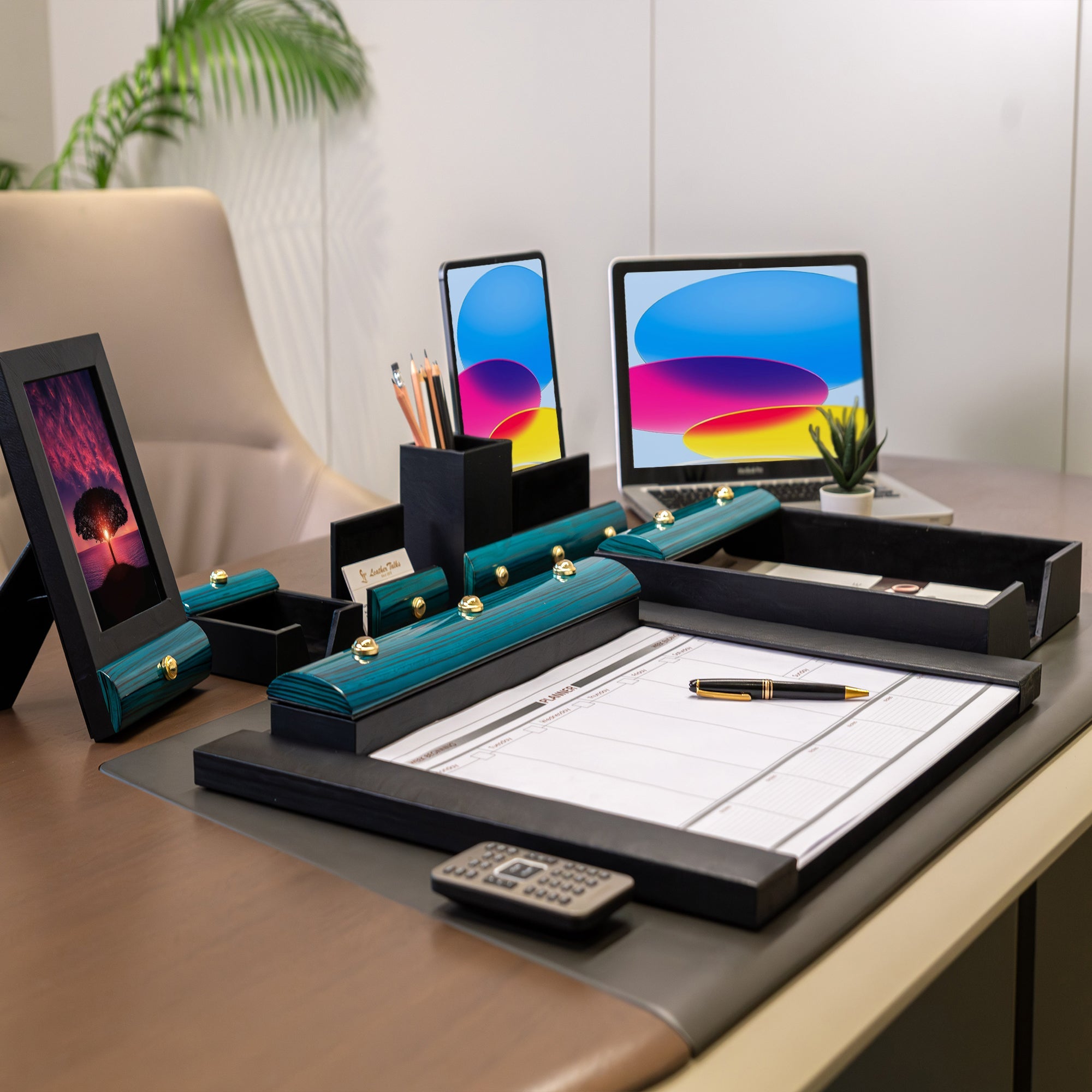 Wood Leather Desktop Organizer for Office Desk – Elegant and functional organizer to keep your workspace tidy and stylish.